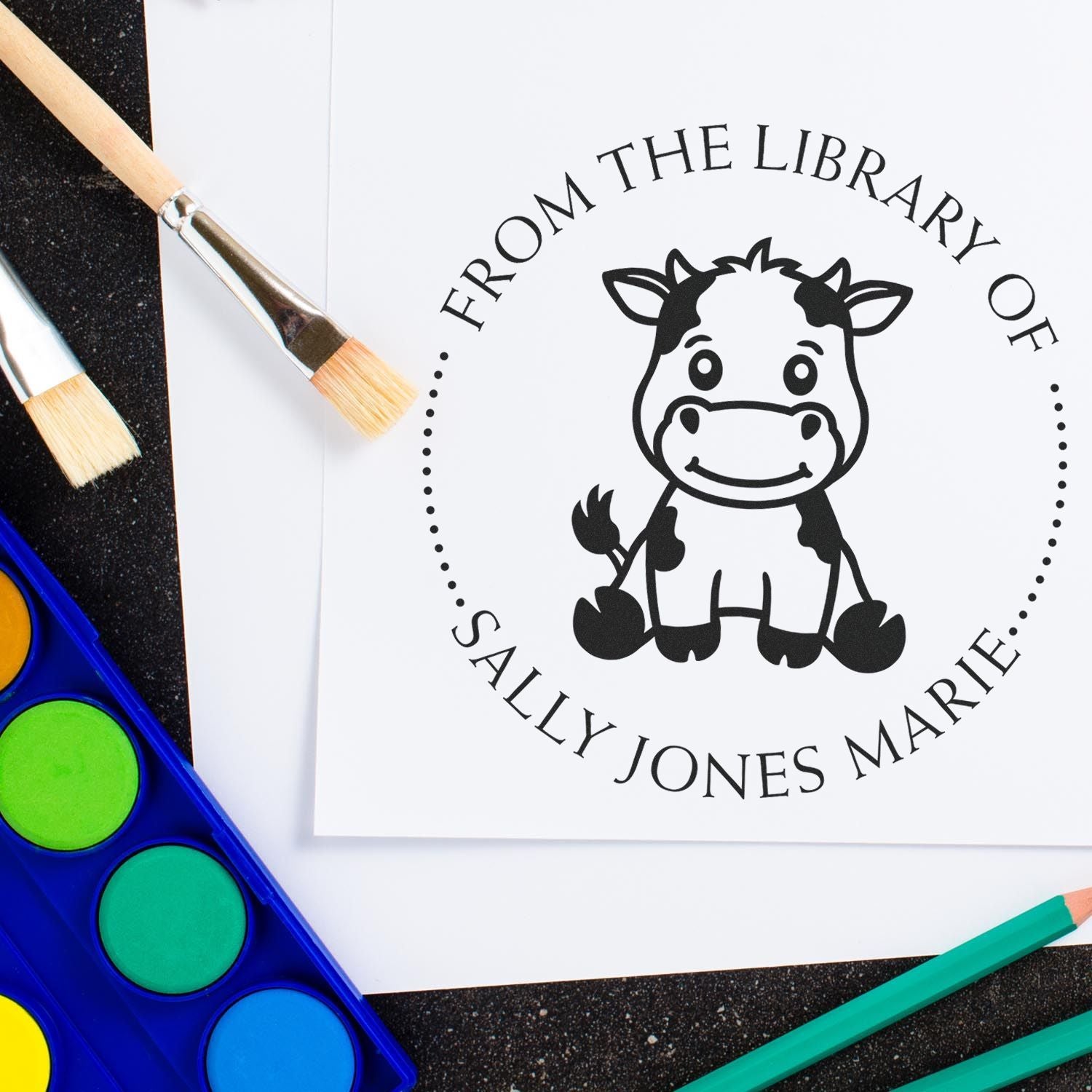 Self-Inking Cuddly Cow Custom Made Book Belongs to Stamper - Engineer Seal Stamps