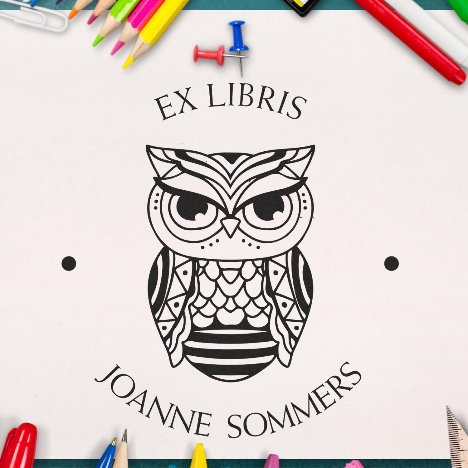 Wood Handle Majestic Owl Customized Library Name Stamp - Engineer Seal Stamps