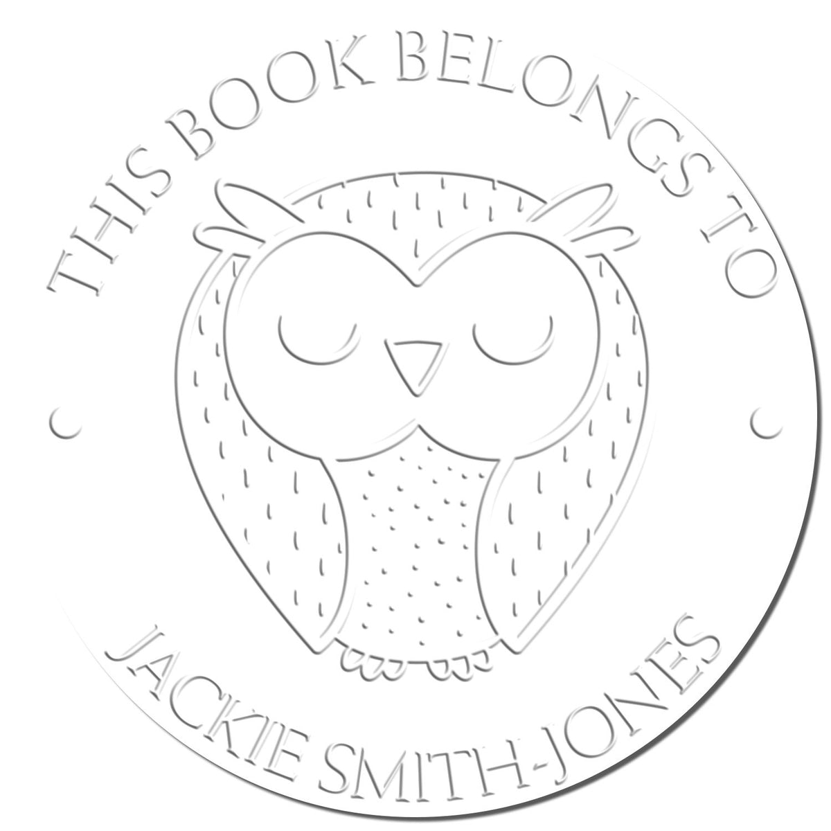 Circular white embossing stamp seal with owl logo and text This Book Belongs to Jackie Smith-Jones