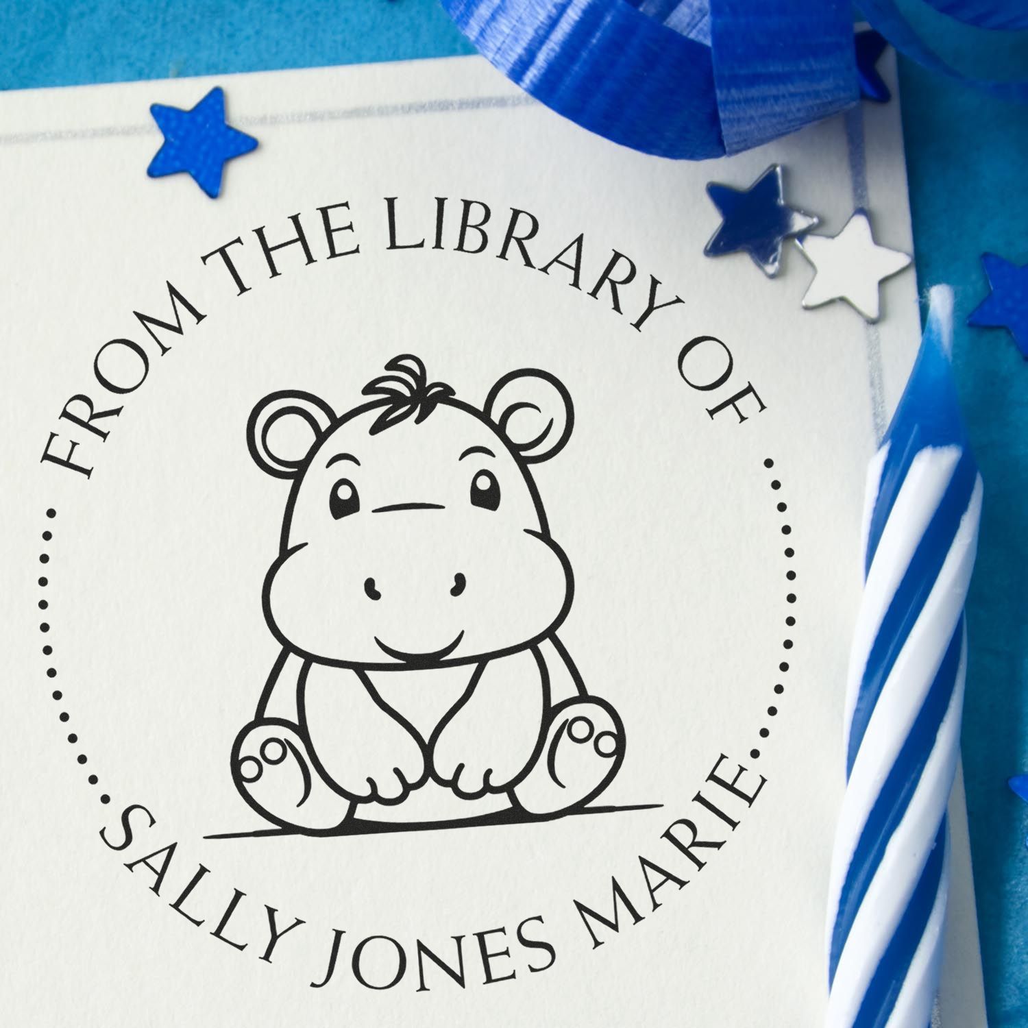 Wood Handle Happy Lil Hippo Custom Bookplate Stamper - Engineer Seal Stamps
