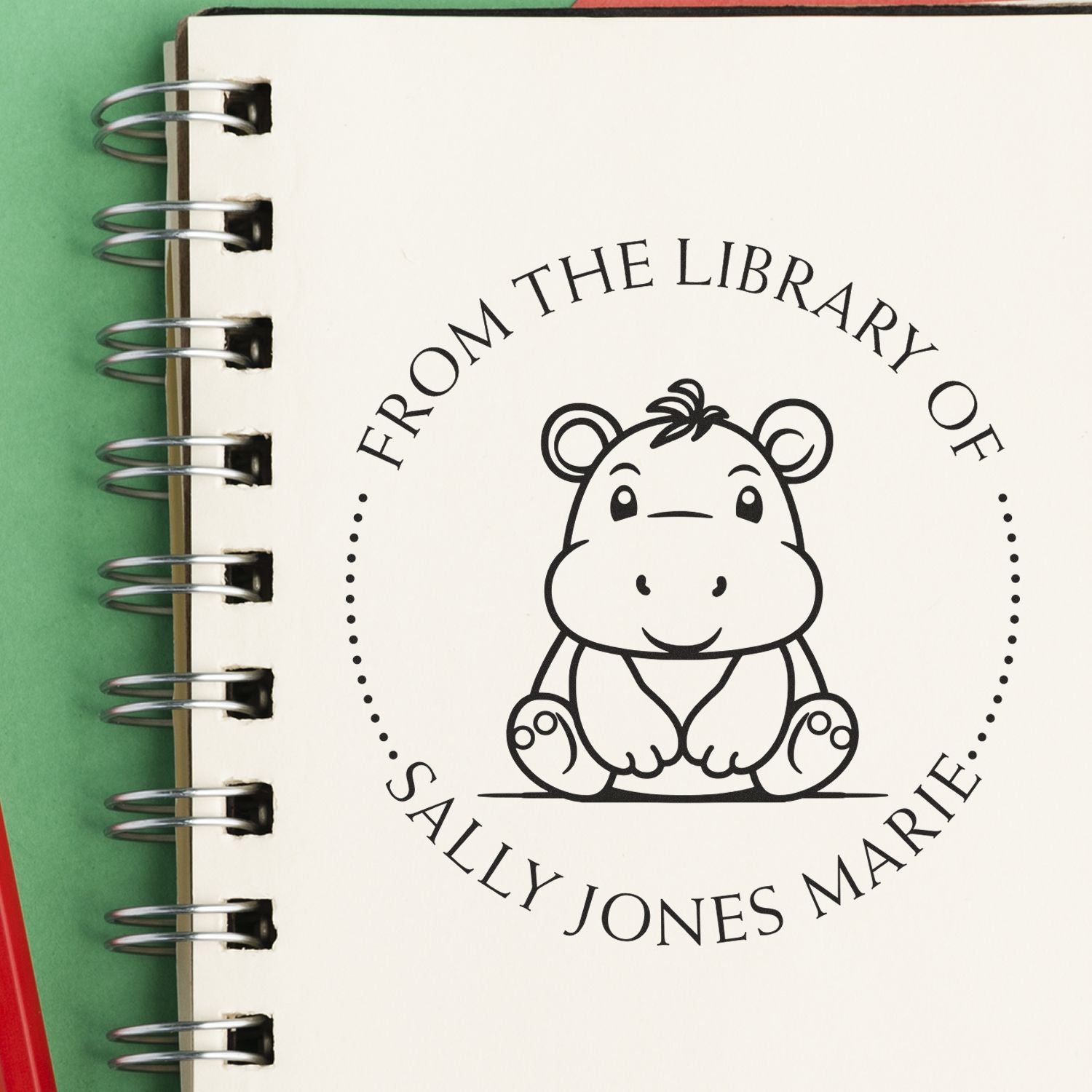 Wood Handle Happy Lil Hippo Custom Bookplate Stamper - Engineer Seal Stamps