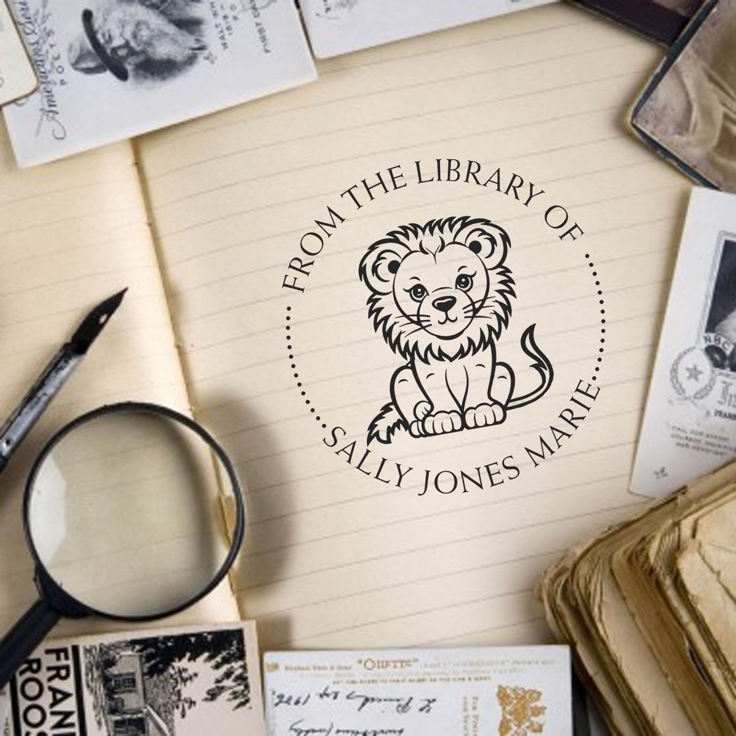 Wood Handle Ferocious Lion Custom Library Name Stamp - Engineer Seal Stamps