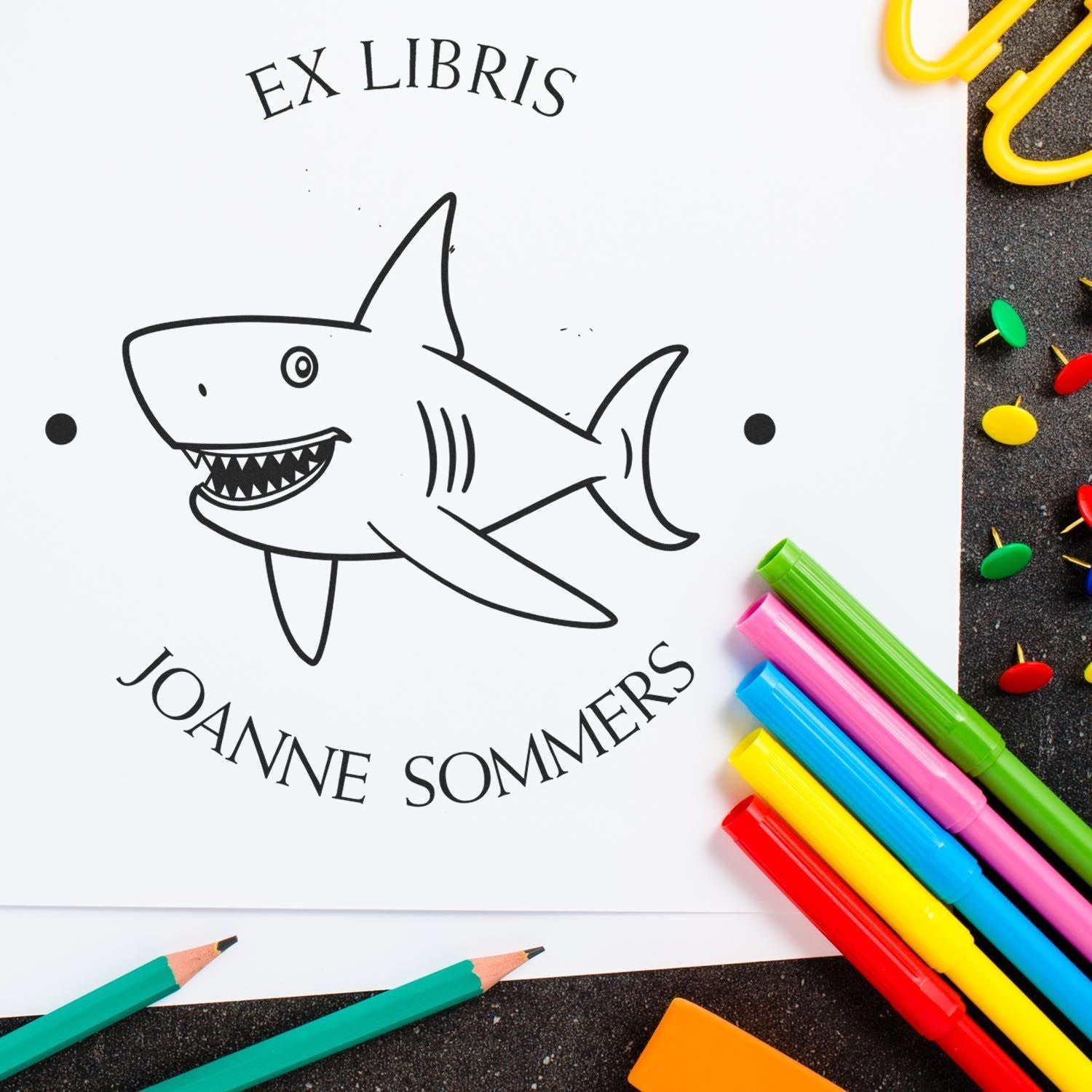 PSI Pre-Inked Sneaky Shark Personalized Book Property Stamper - Engineer Seal Stamps