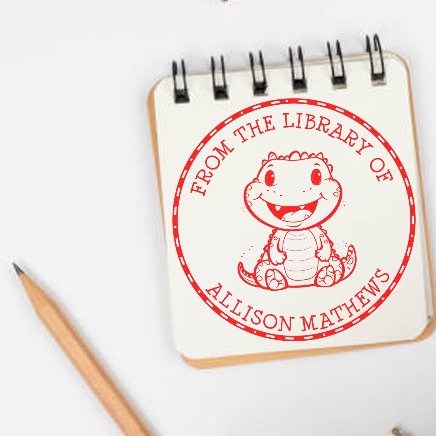 Wood Handle Happy Dino Custom Made Book Ownership Stamp - Engineer Seal Stamps