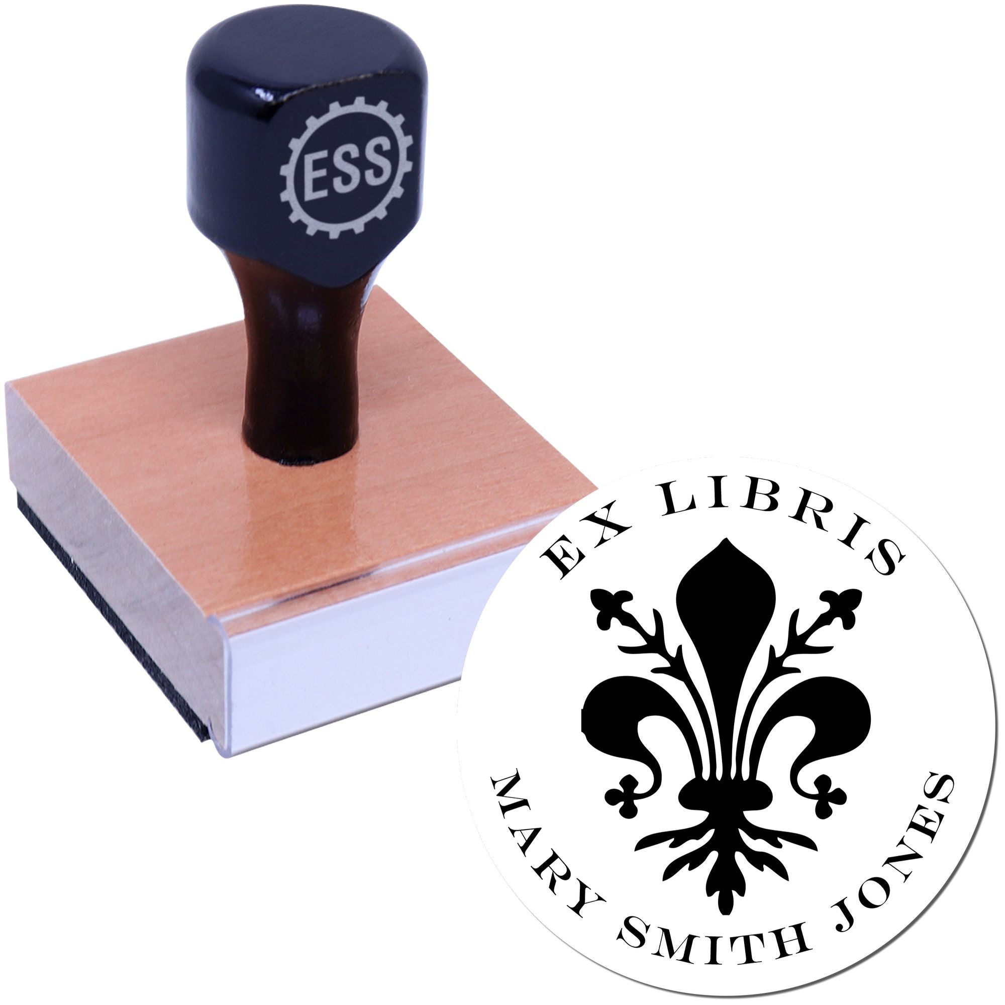 Wood Handle Powerful Fleur de Lis Customizable Library Stamp