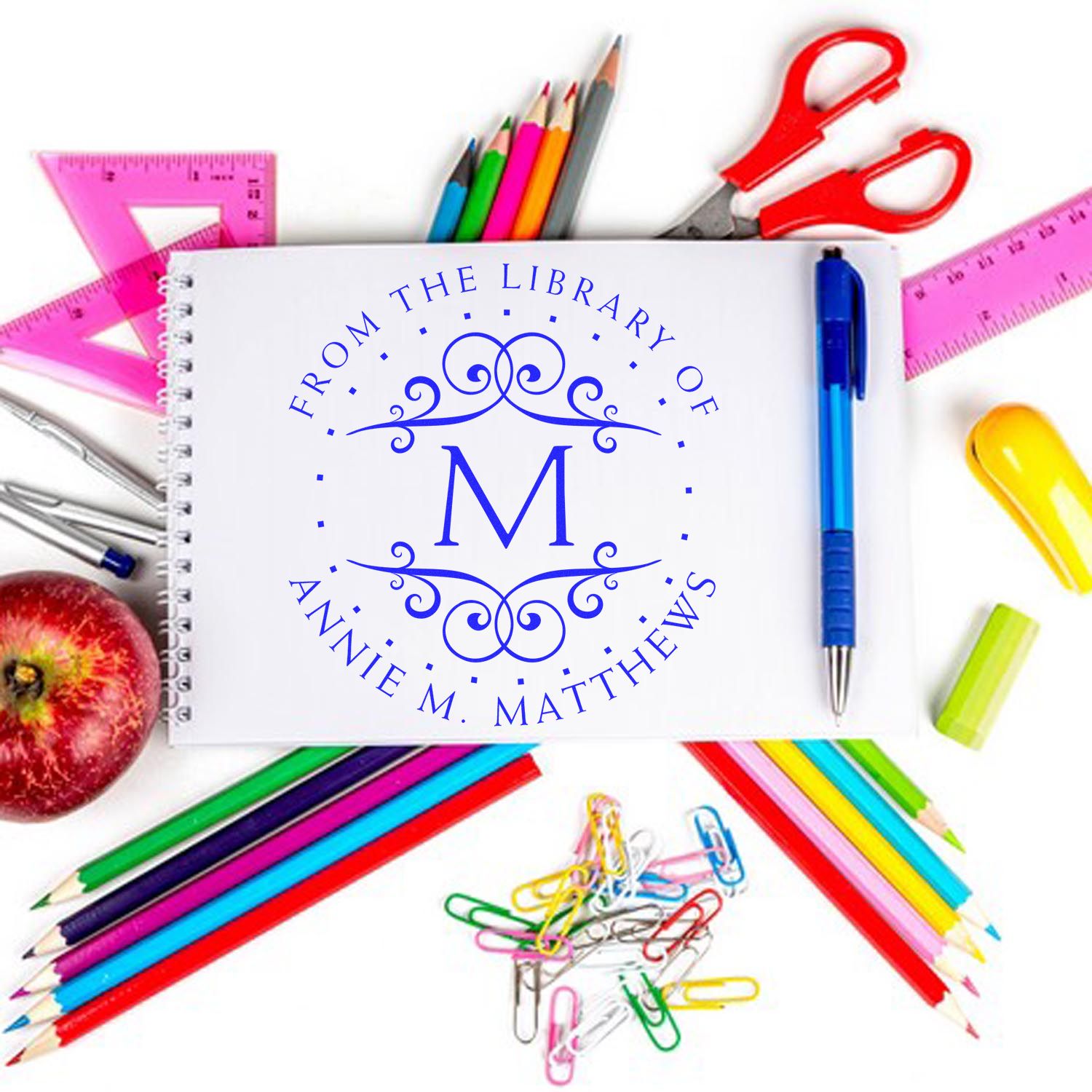 Wood Handle Dotted Monogram Customized Book Name Stamp - Engineer Seal Stamps