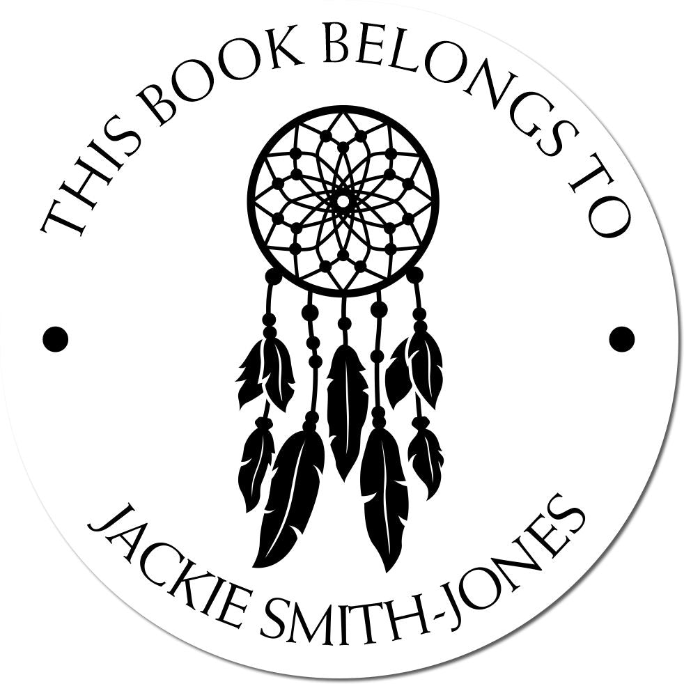 Black personalized book stamp seal with dreamcatcher and text This Book Belongs to Jackie Smith-Jones on white background.