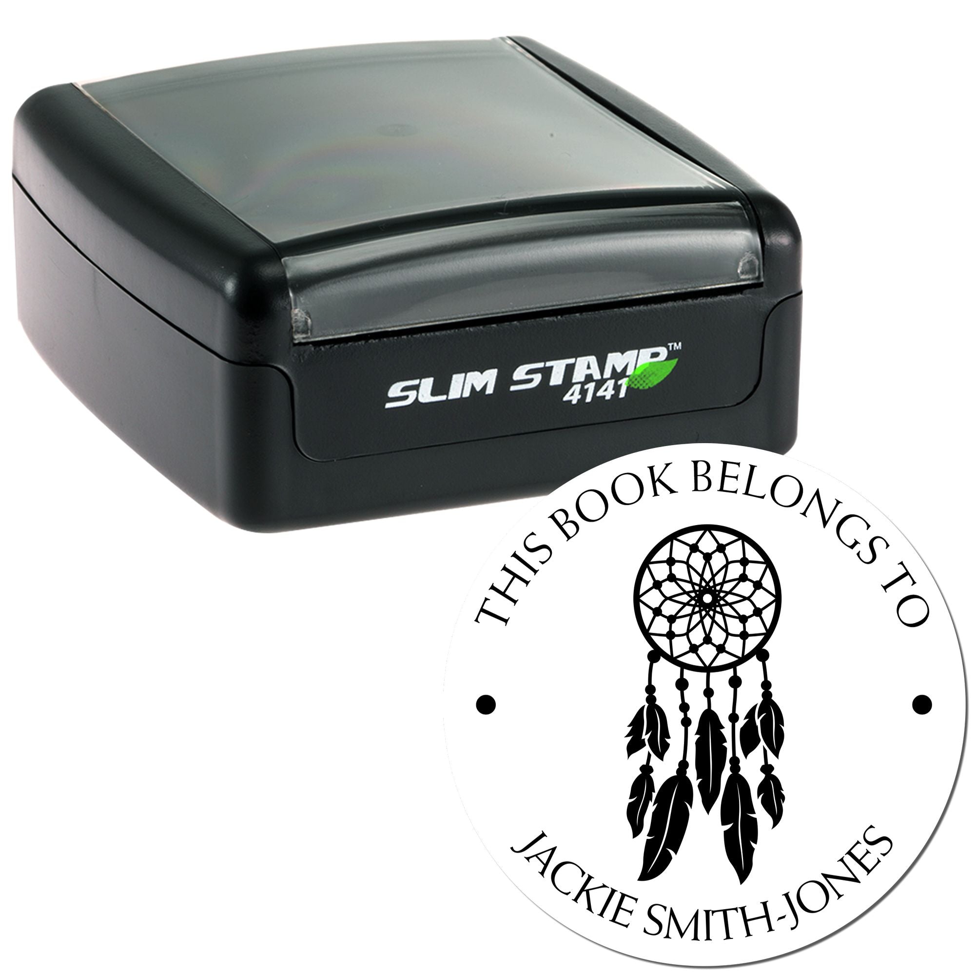 Black self-inking Slim Stamp 4141 and white round book seal with dreamcatcher design and custom text