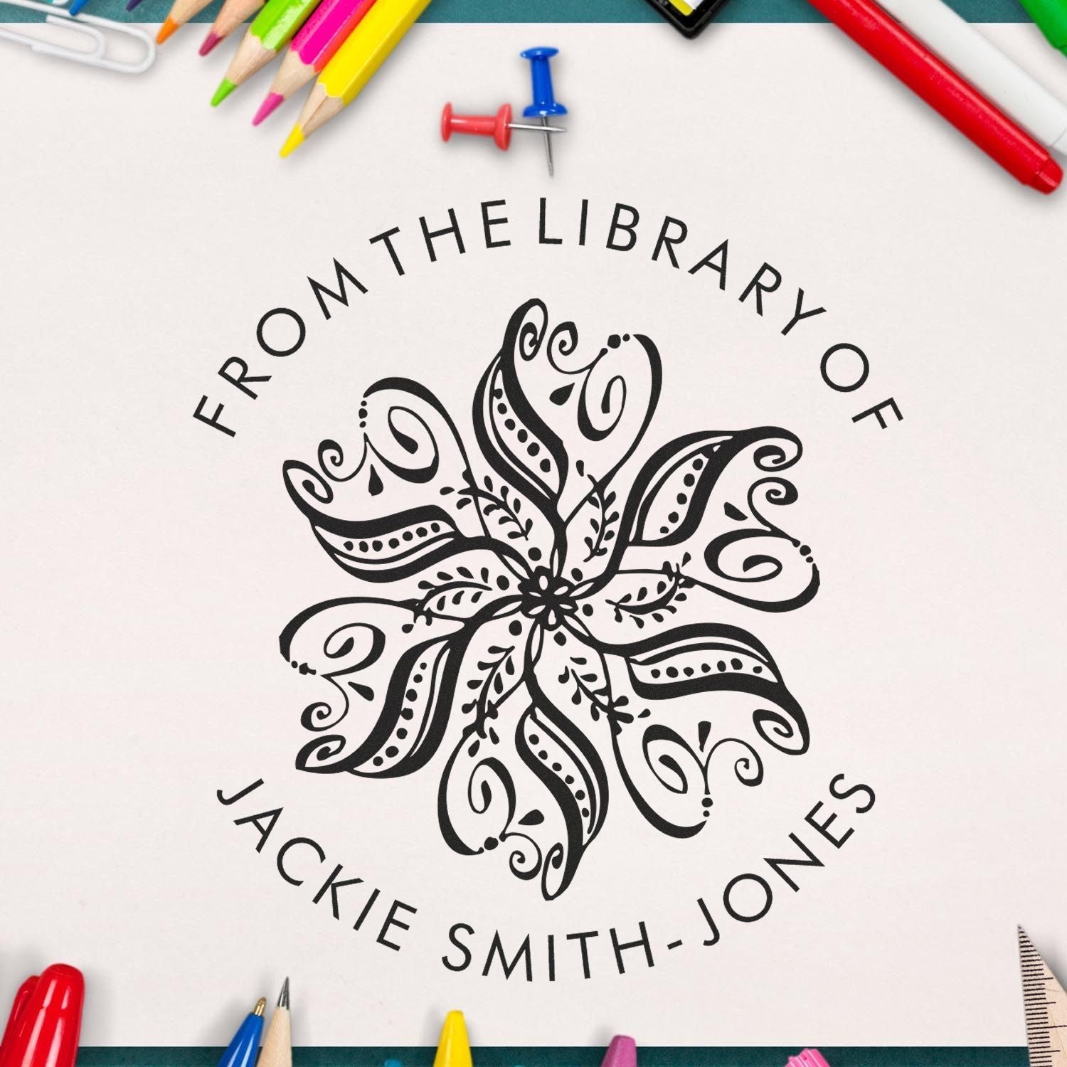 Self-Inking Ornate Flower Custom Book Name Stamper - Engineer Seal Stamps