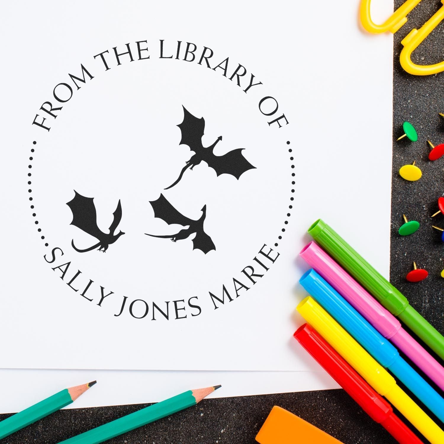 Pre-Inked Secretive Dragons Personalized Bookworm Stamp - Engineer Seal Stamps