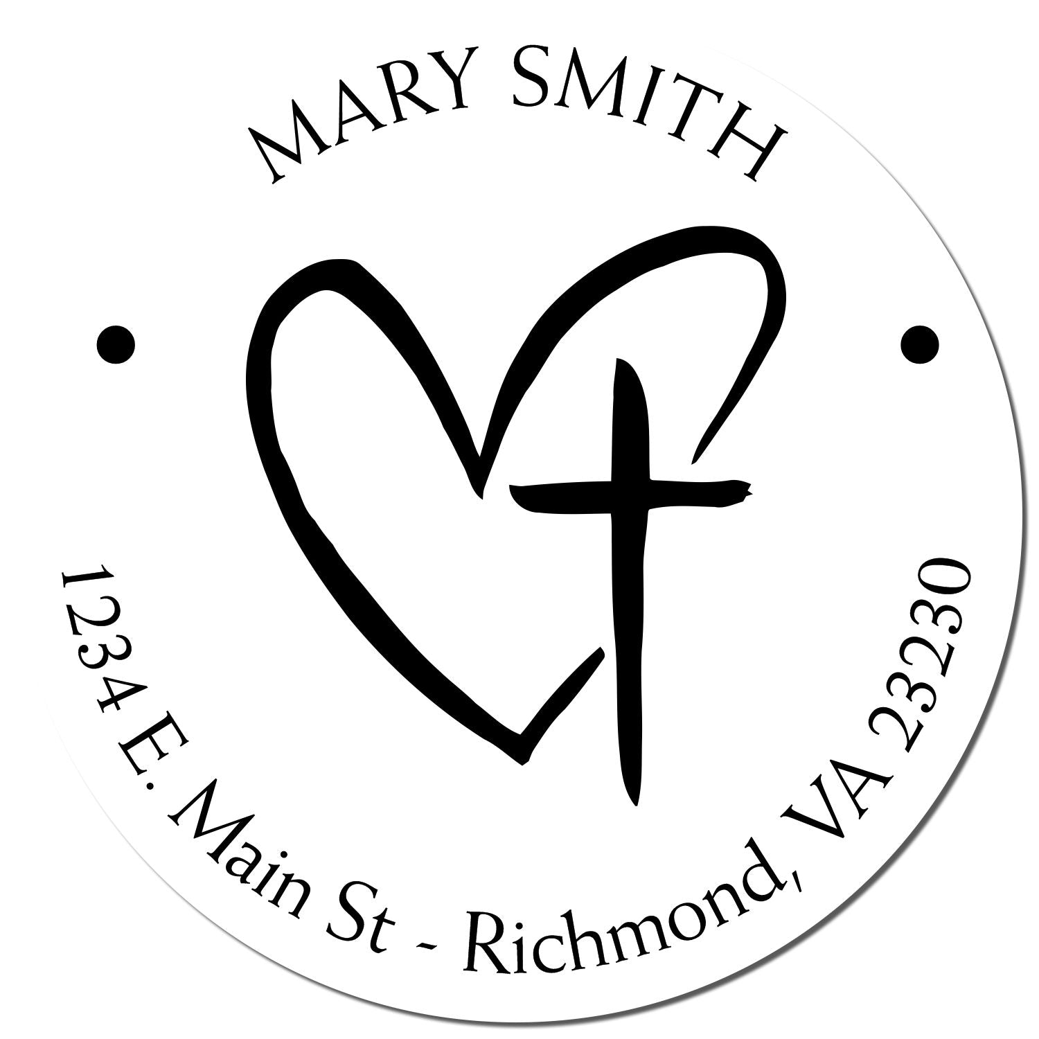 White circular address stamp seal with black heart and cross, Mary Smith, 1234 E. Main St., Richmond, VA 23230.