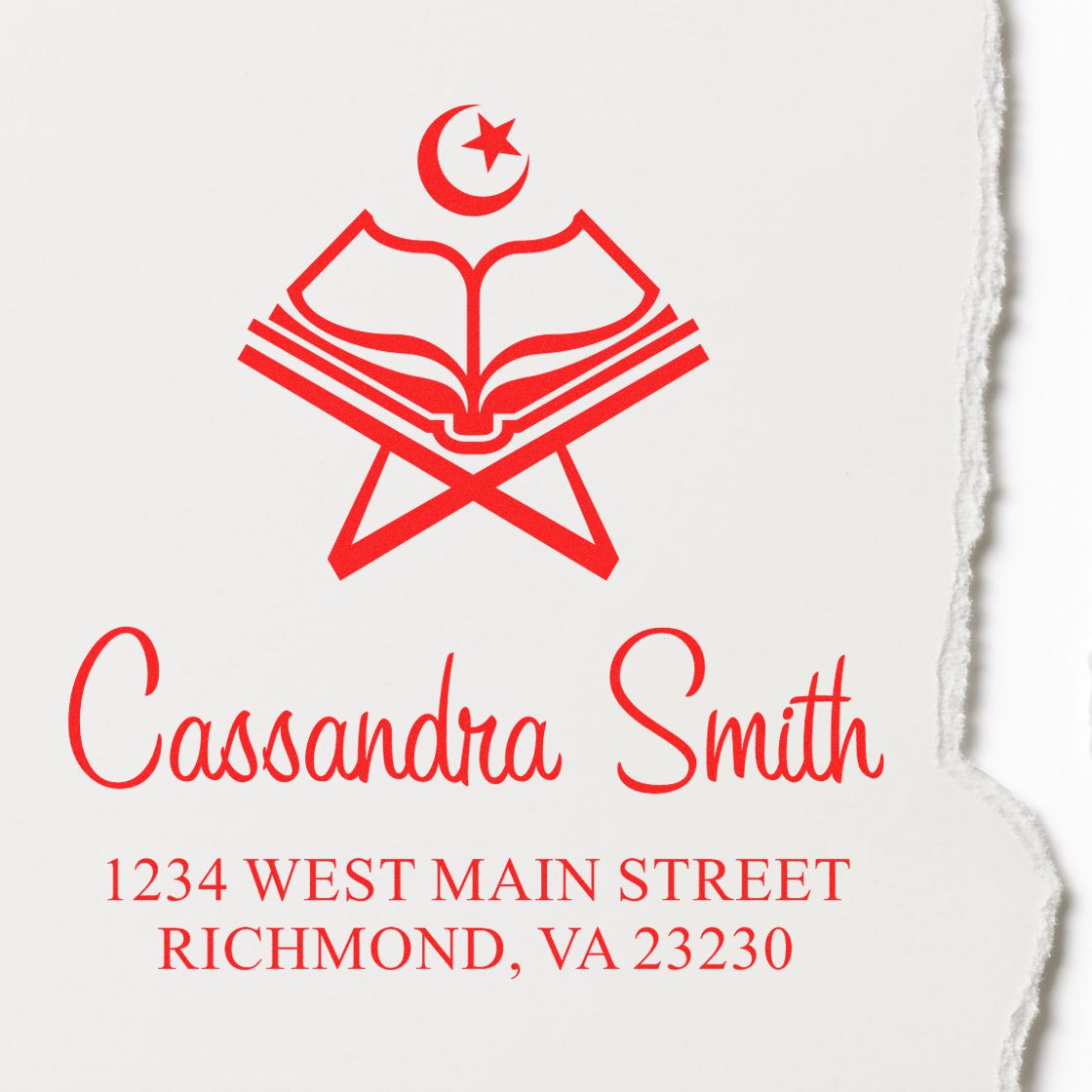Red custom stamp seal with crescent star logo, Cassandra Smith name, and Richmond, VA address on white paper.