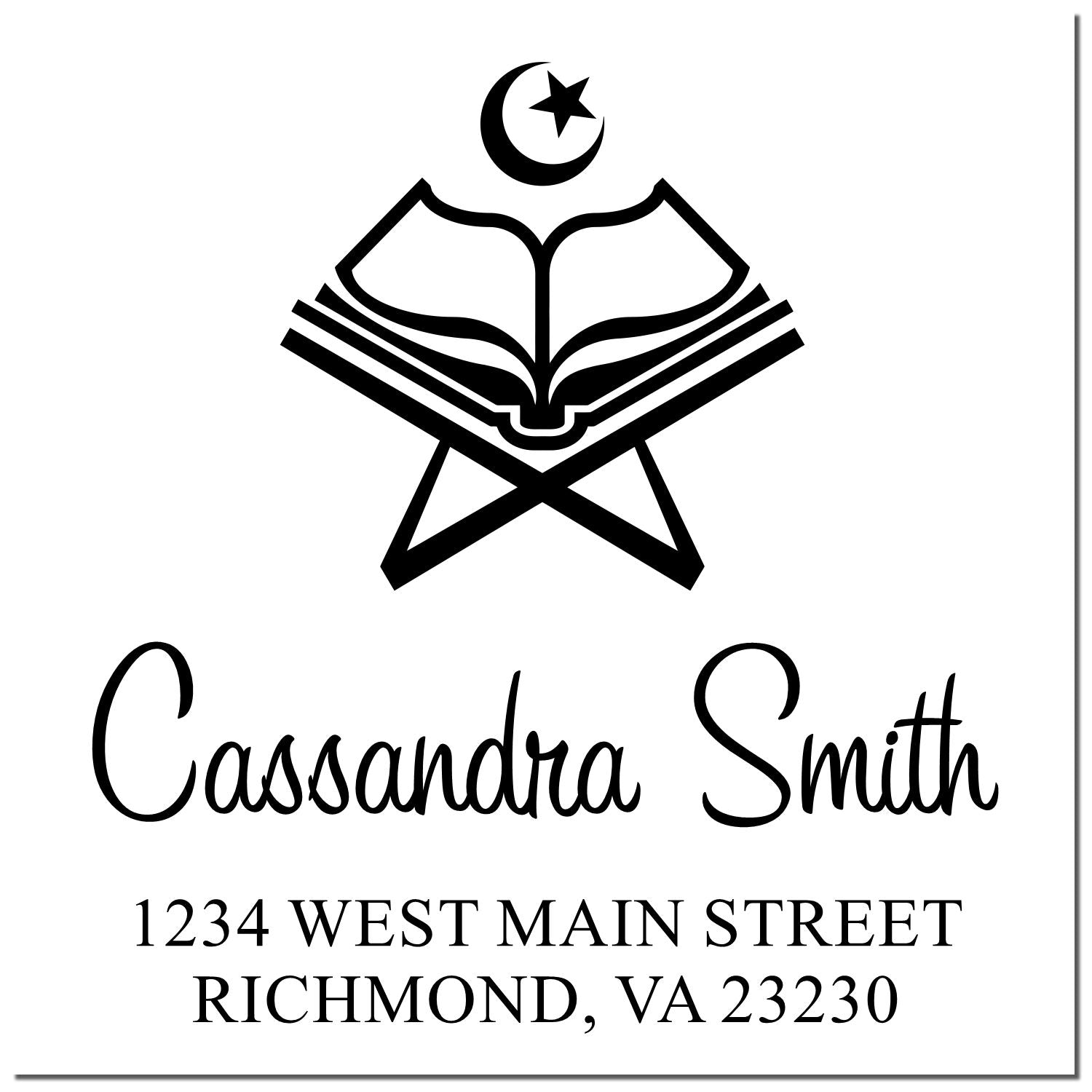 Black custom stamp seal with crescent-star above open book, Cassandra Smith name, and Richmond, VA address.