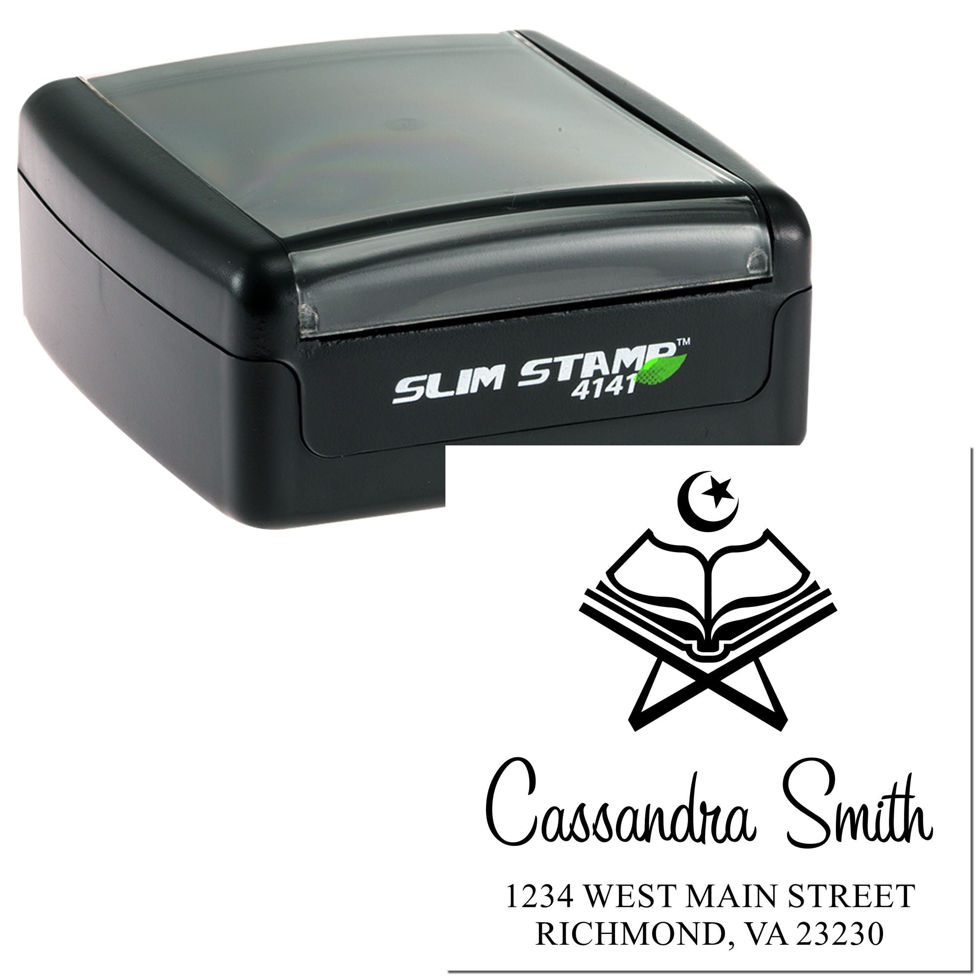 Black Slim Stamp 4141 self-inking stamp with custom seal design, featuring an open book emblem, name, and address.