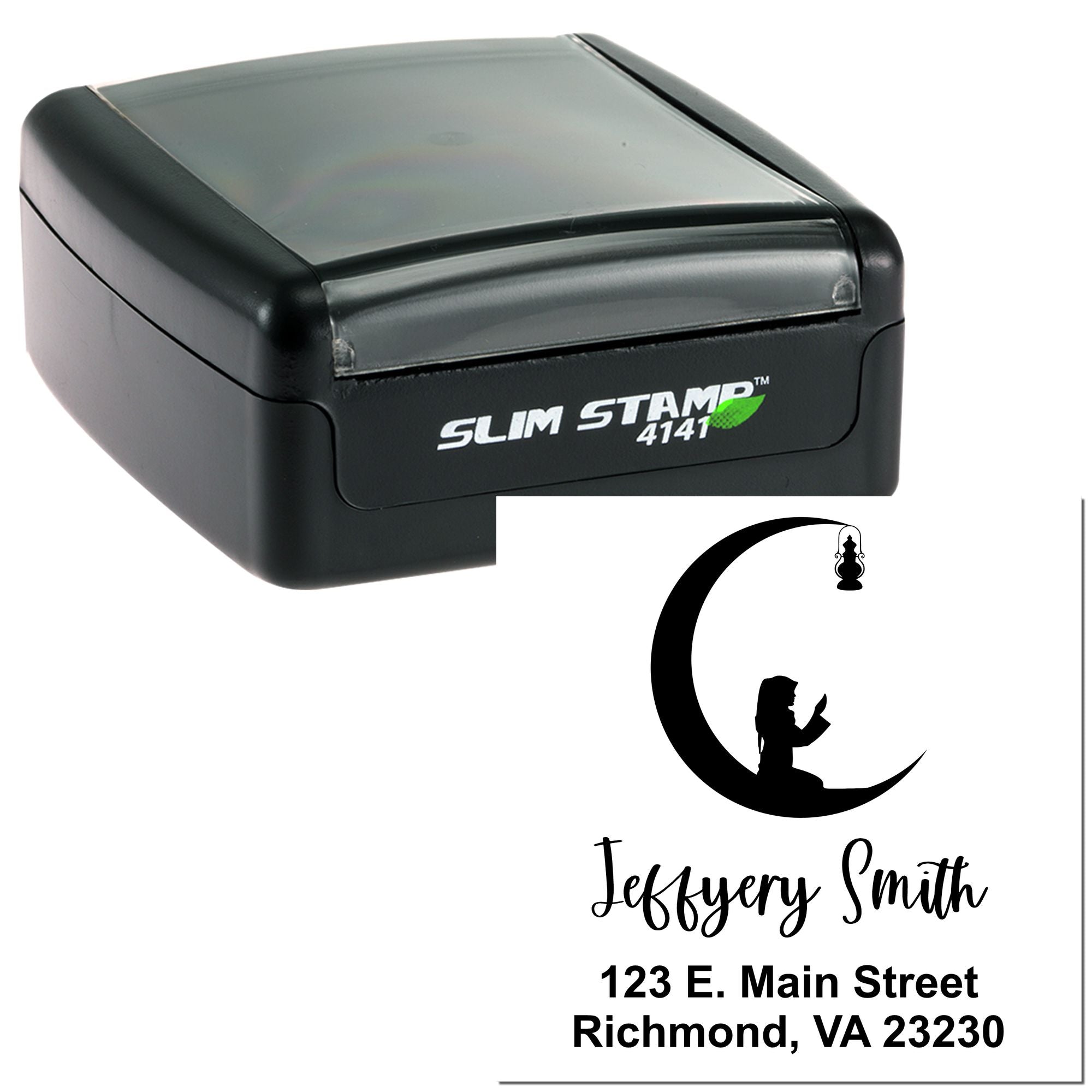 Black Slim Stamp self-inking seal with clear top, showing a crescent moon logo and personalized name-and-address imprint.