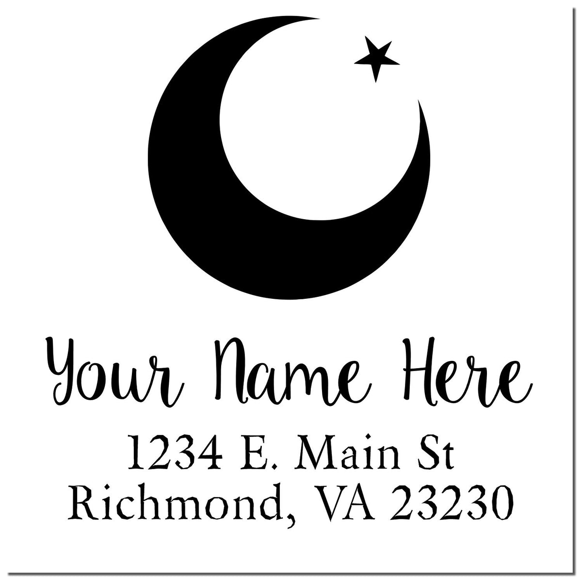 Black crescent moon and star custom return address stamp with name and Richmond, VA address in black on white.