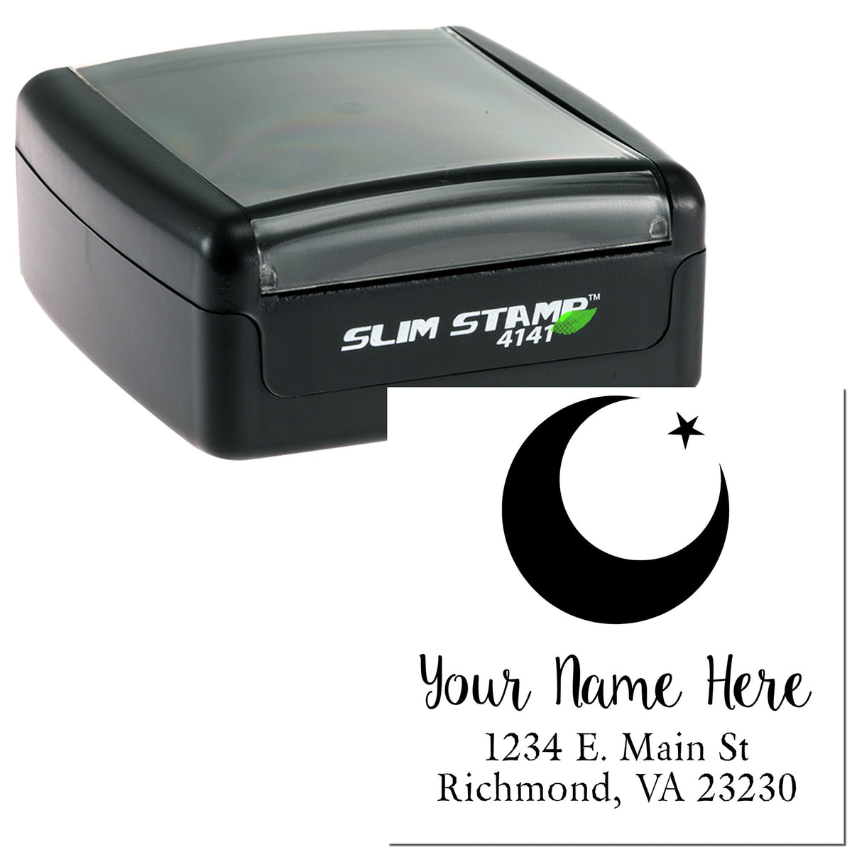 Black Slim Stamp 4141 self-inking seal with crescent moon and star, customized name and address text