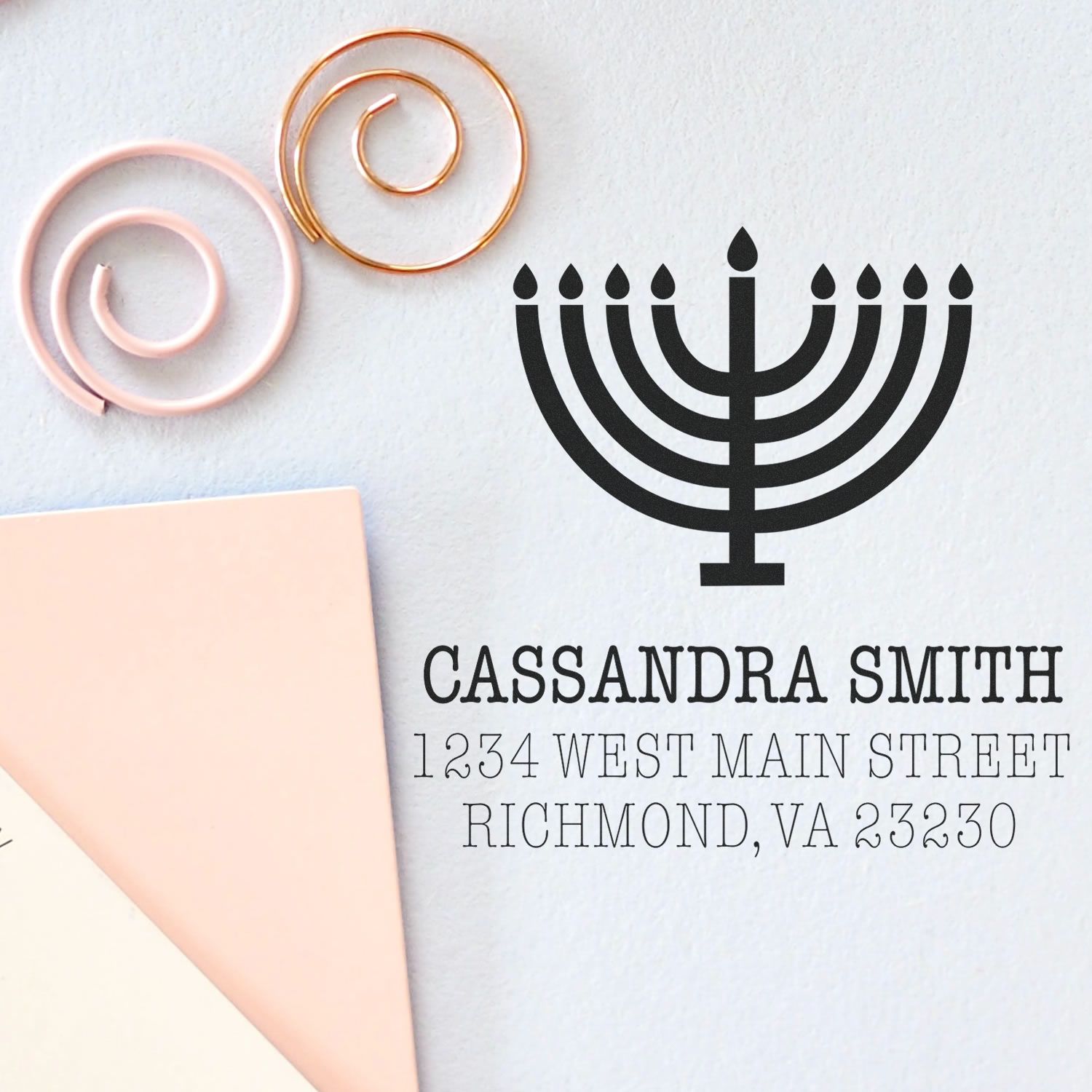 Jewish Flickering Menorah Personalized Address Stamp - Engineer Seal Stamps