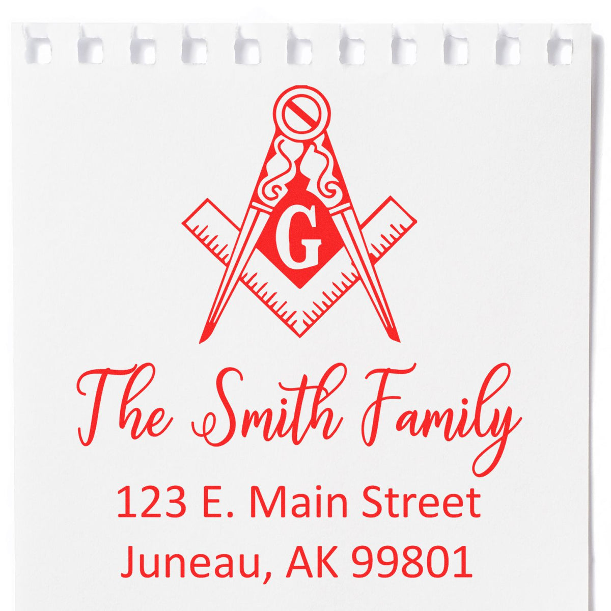 Red custom stamp seal with Masonic compass, G emblem, and The Smith Family address on white paper.