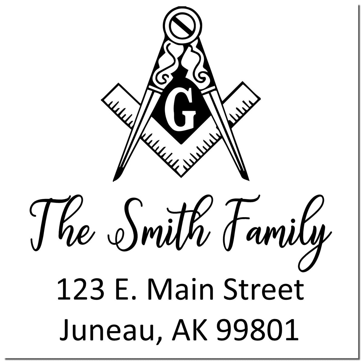 Custom black Masonic-style family stamp seal with compass, square and G emblem, The Smith Family, and Juneau, AK address.