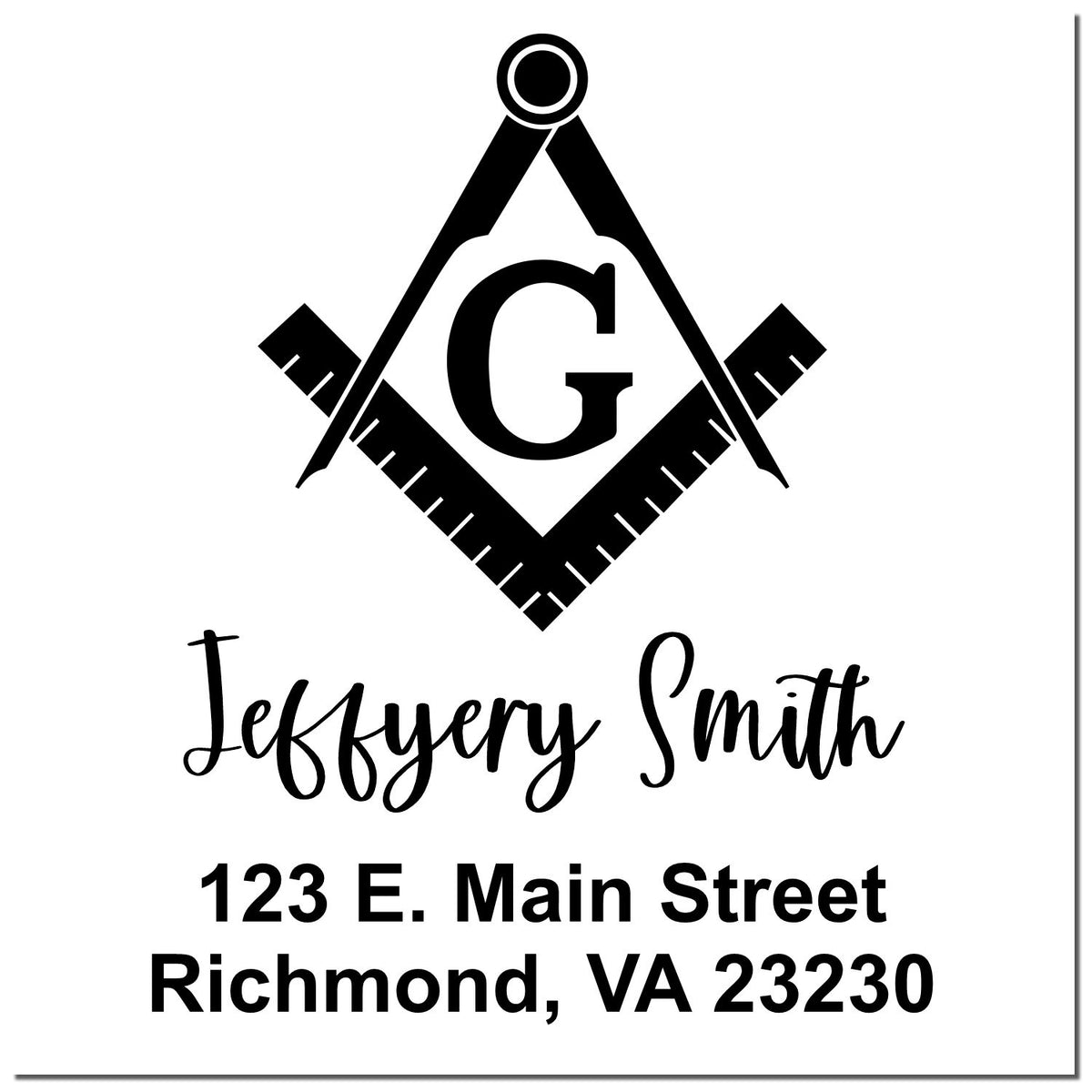 Black custom stamp seal with compass-style G monogram, Jeffrey Smith name, and Richmond, VA address on white background.