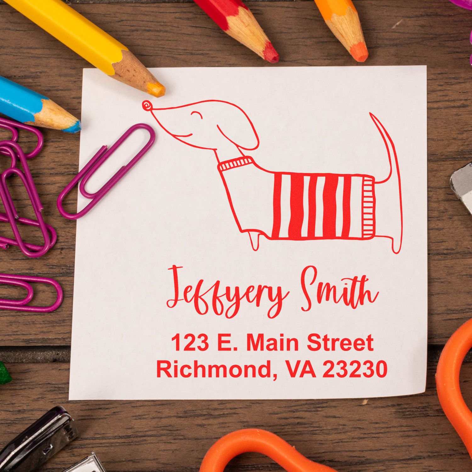 PSI Pre-Inked Whimsical Pets Dashing Dachshund Customized Return Address Stamper - Engineer Seal Stamps