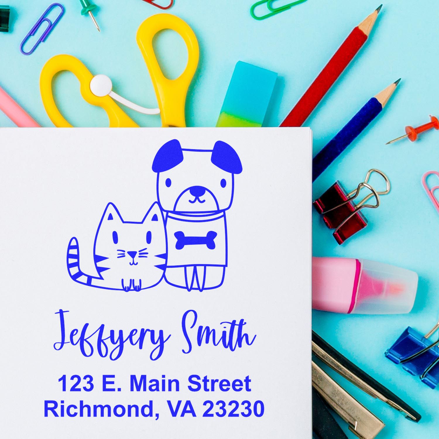 PSI Pre-Inked Whimsical Pets Dynamic Duo Customized Return Address Stamper - Engineer Seal Stamps