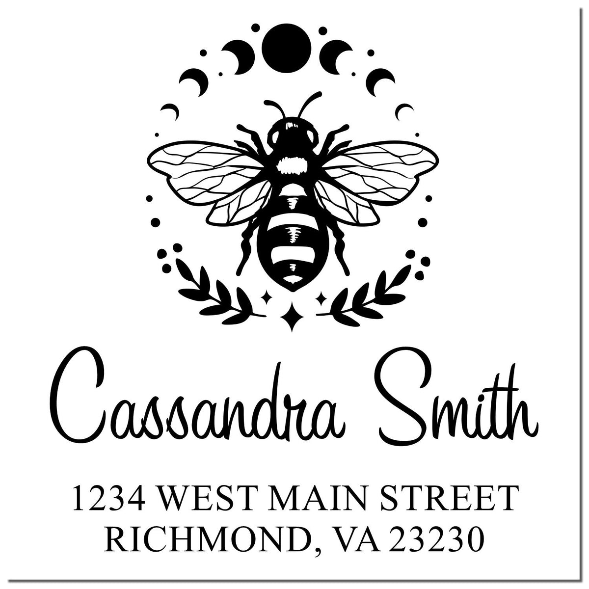 Black custom stamp seal with bee emblem, Cassandra Smith, and address 1234 West Main Street, Richmond, VA 23230.