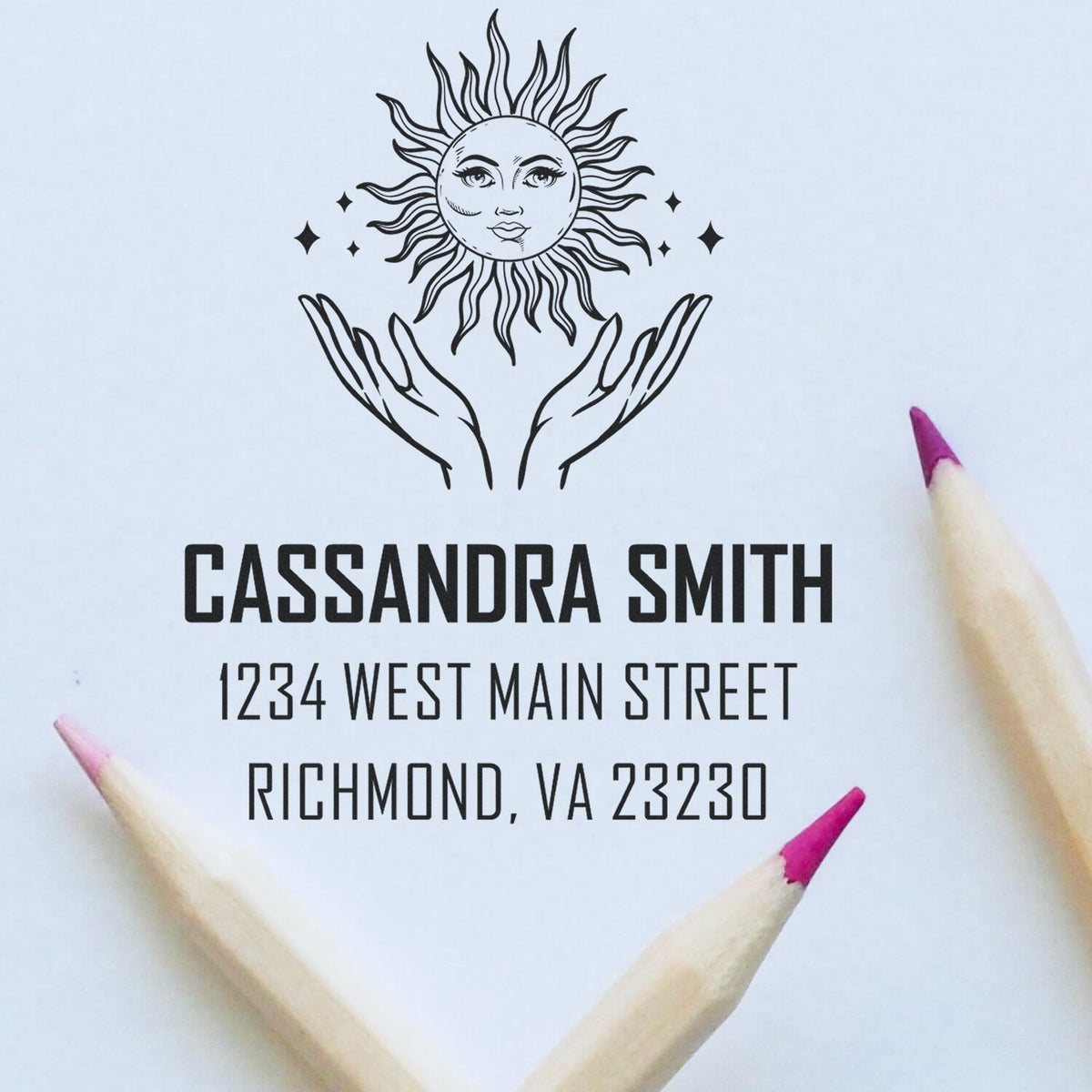 Custom black stamp and seal with sun-and-hands logo, Cassandra Smith name, and Richmond, VA address.