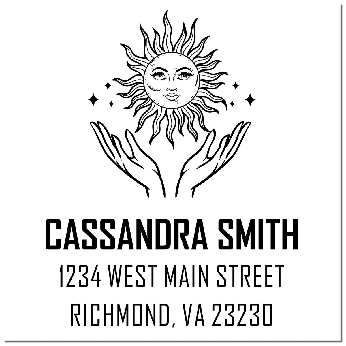 Black-and-white custom address stamp seal with sun face, hands, stars, and Cassandra Smith in Richmond, VA.