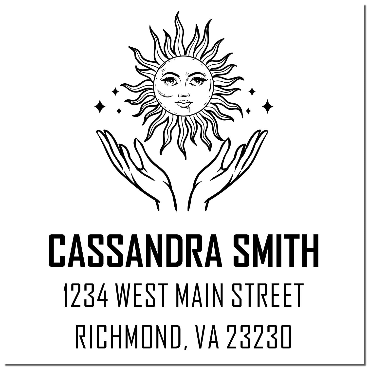 Black-and-white custom return address stamp seal with sun face above open hands, reading Cassandra Smith, Richmond, VA 23230.