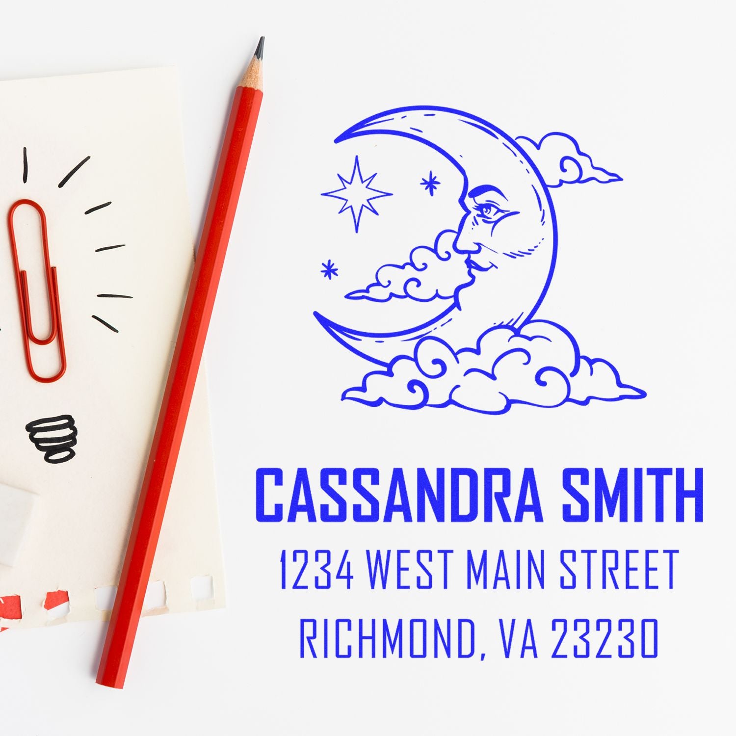 Blue crescent moon stamp with clouds and stars, address seal for Cassandra Smith, Richmond, VA 23230