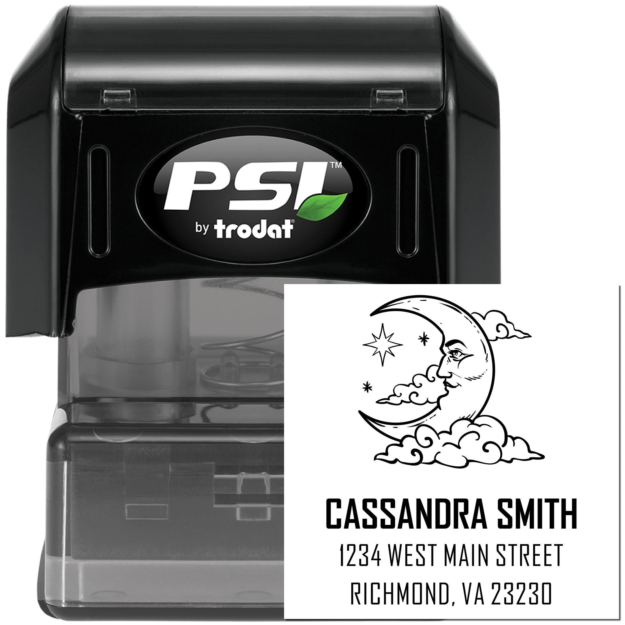 Black PSI by Trodat self-inking stamp and seal with moon-and-cloud design, Cassandra Smith name, and Richmond, VA address.