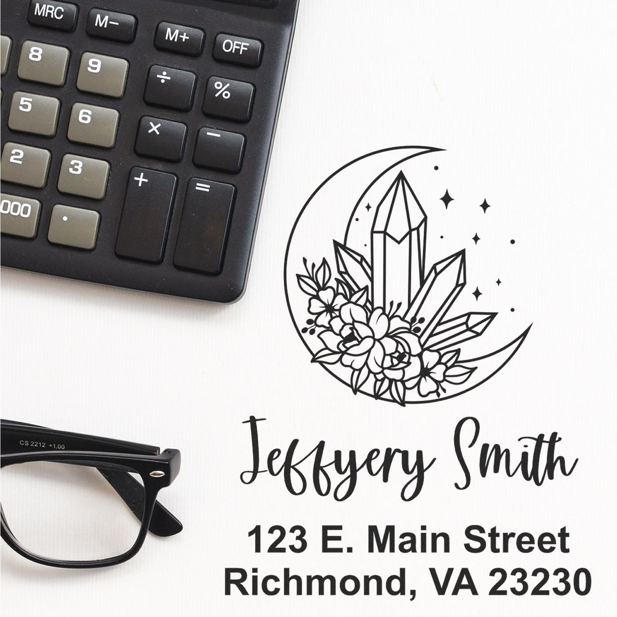 Black custom stamp and seal design with crystal moon, flowers, Jeffrey Smith name, and Richmond address on white background.