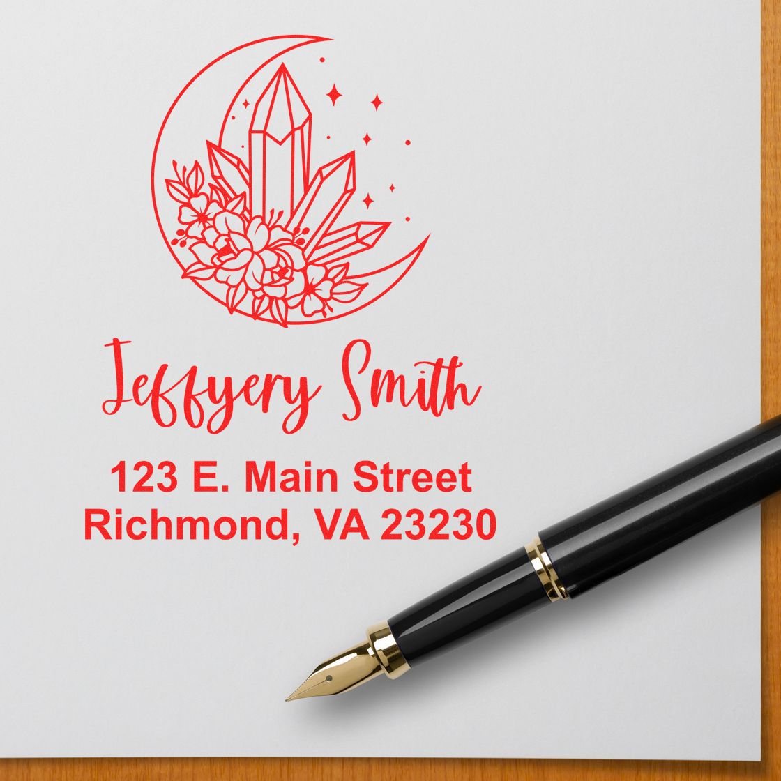 Red custom stamp and seal with crystal moon floral logo, Jeffery Smith name, Richmond, VA address, and black fountain pen.