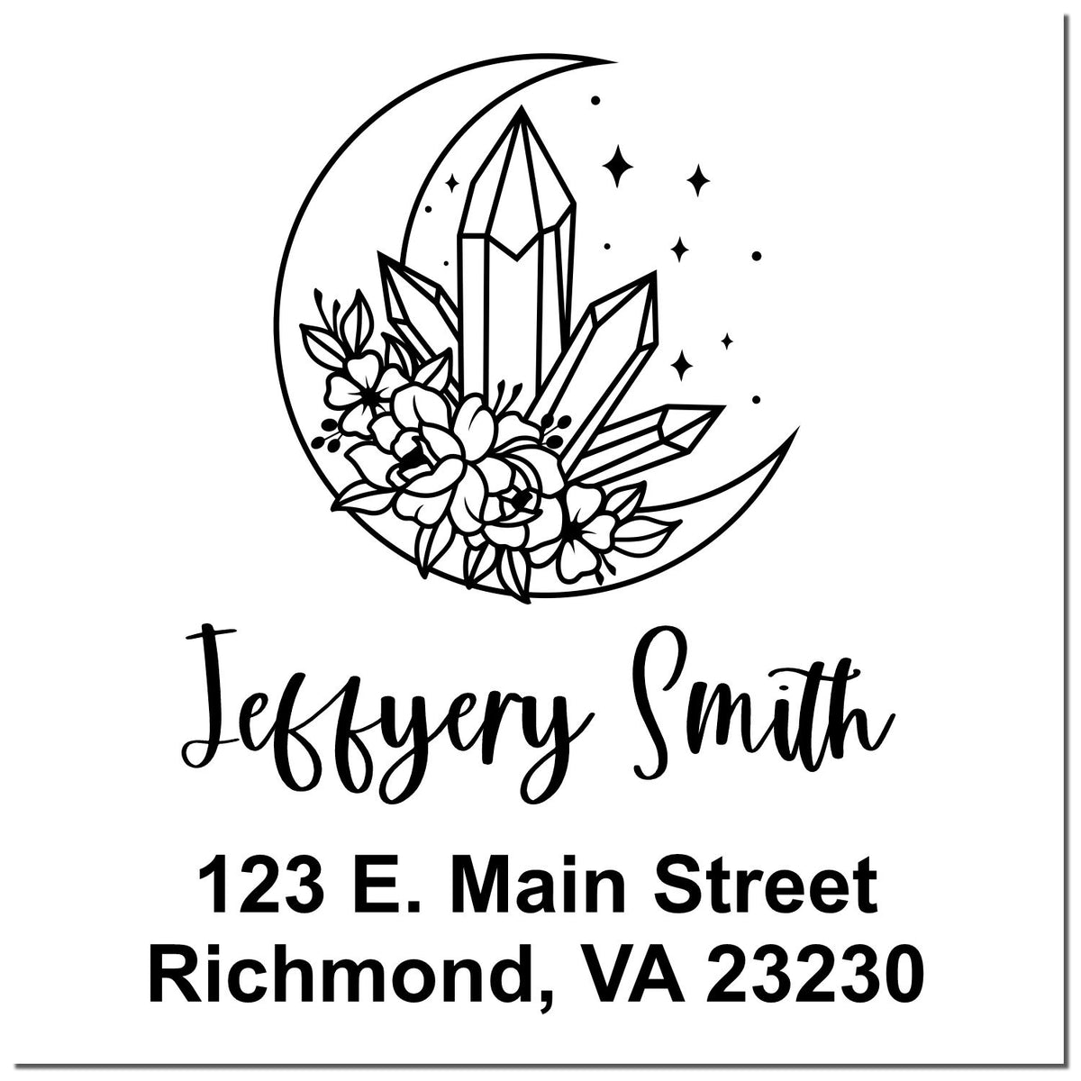 Black-and-white custom stamp seal with crescent moon, crystal, flowers, and stars; Jeffery Smith, Richmond, VA 23230