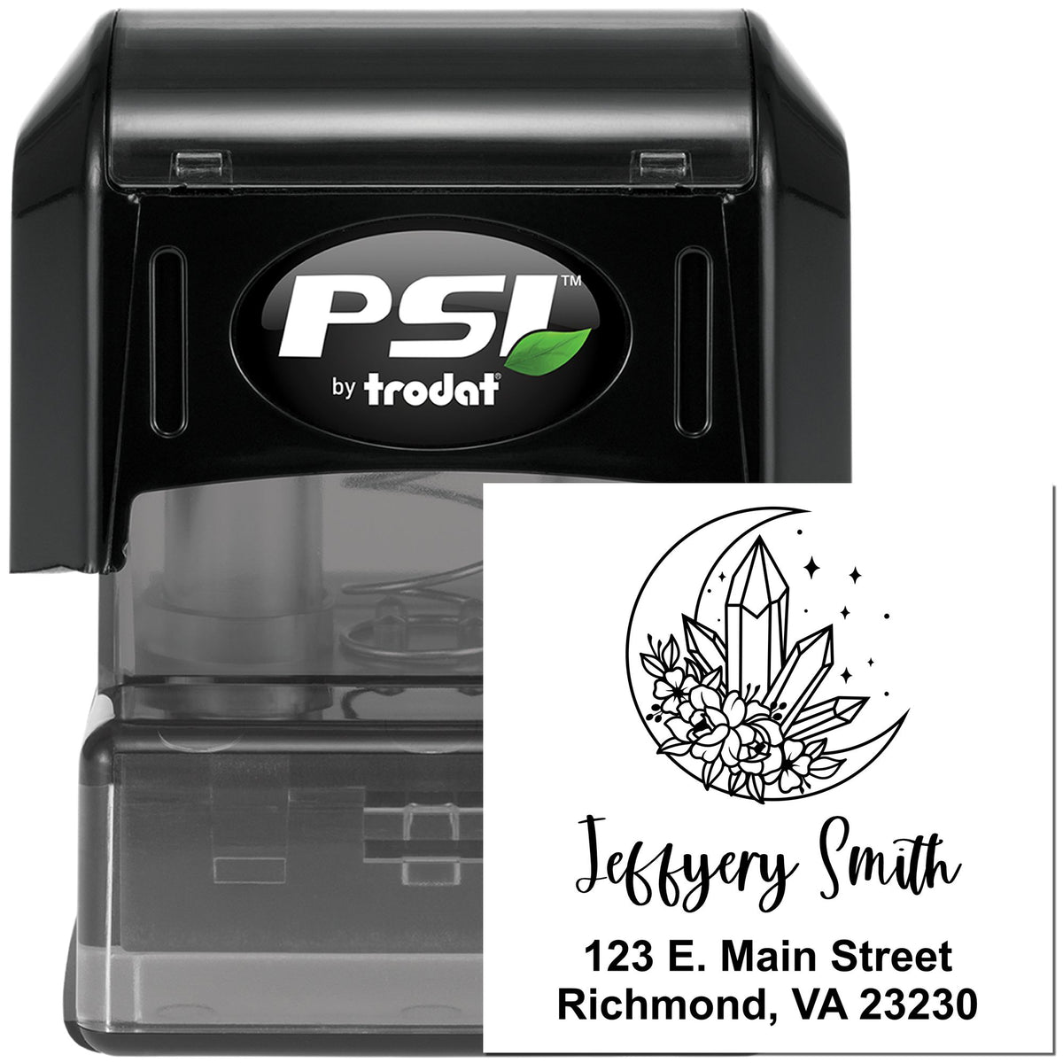 Black PSI by trodat self-inking stamp with custom seal design, crystal moon graphic, Jeffrey Smith name and Richmond, VA address.