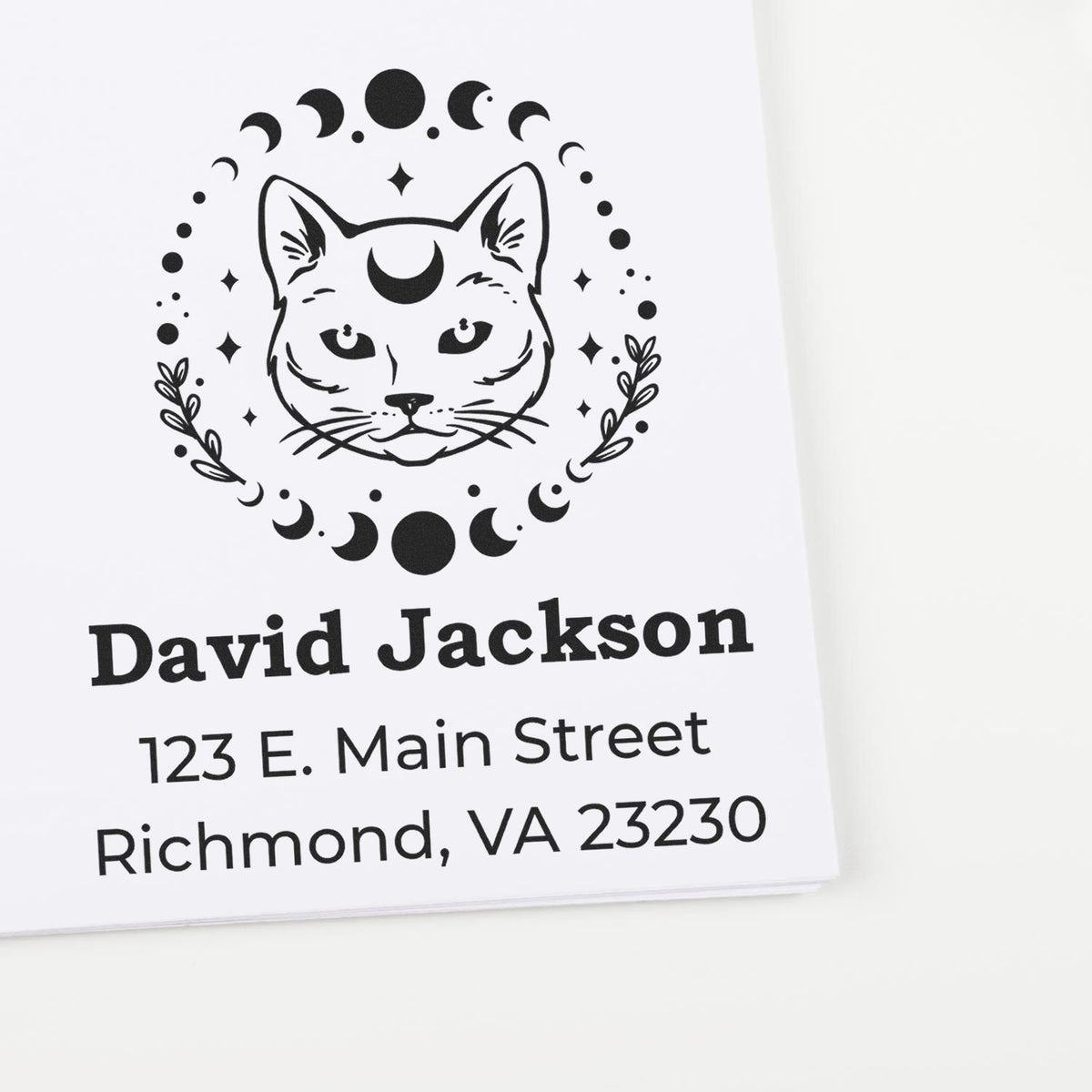 Black custom stamp seal with crescent moon cat design and David Jackson address in black on white background.