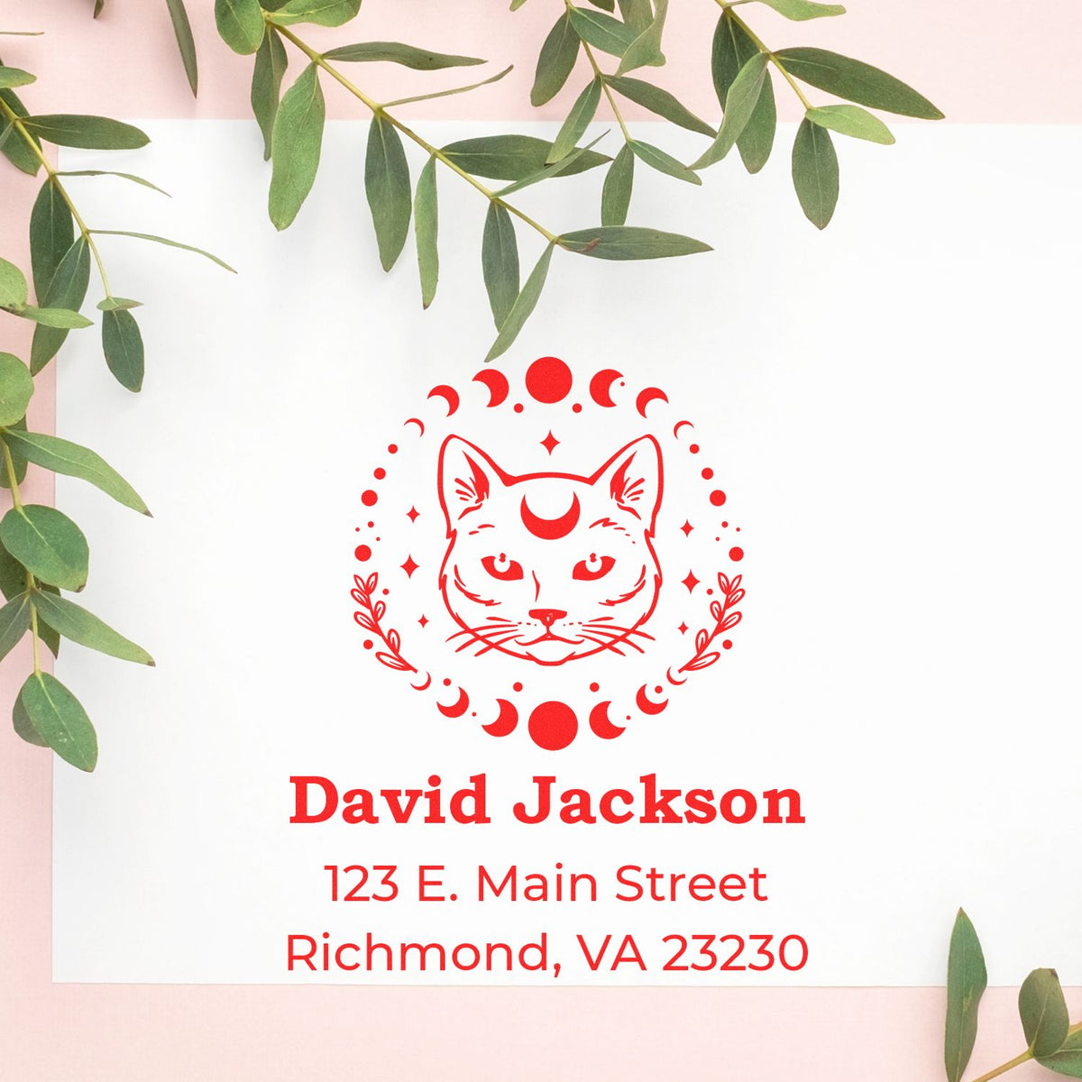 Red custom cat crescent moon stamp seal with David Jackson name and Richmond, VA address on white paper, framed by green leaves