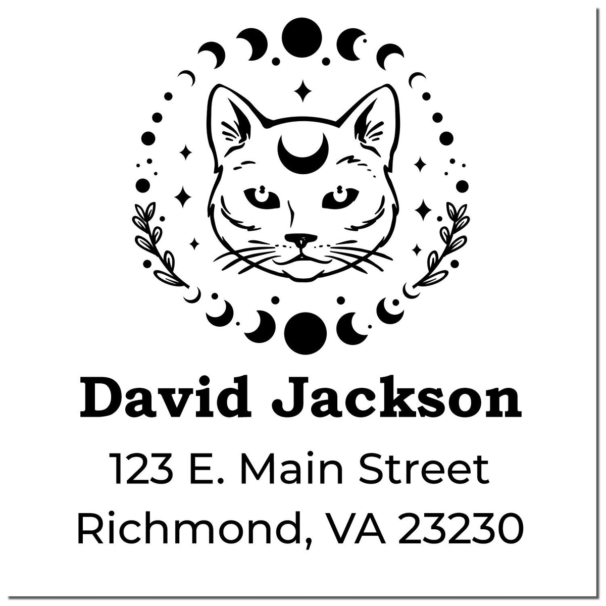 Black custom return address stamp with cat face and crescent moon seal, David Jackson, 123 E. Main Street, Richmond, VA 23230