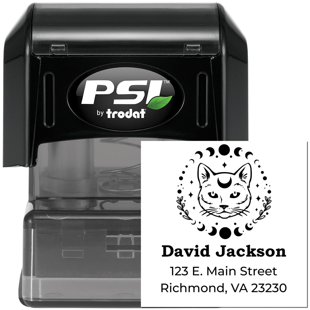 Black PSI by Trodat self-inking stamp with custom cat moon seal, David Jackson name and Richmond, VA address.