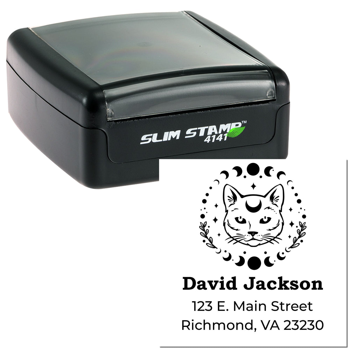 Black slim self-inking stamp and seal featuring a cat moon emblem and David Jackson address.