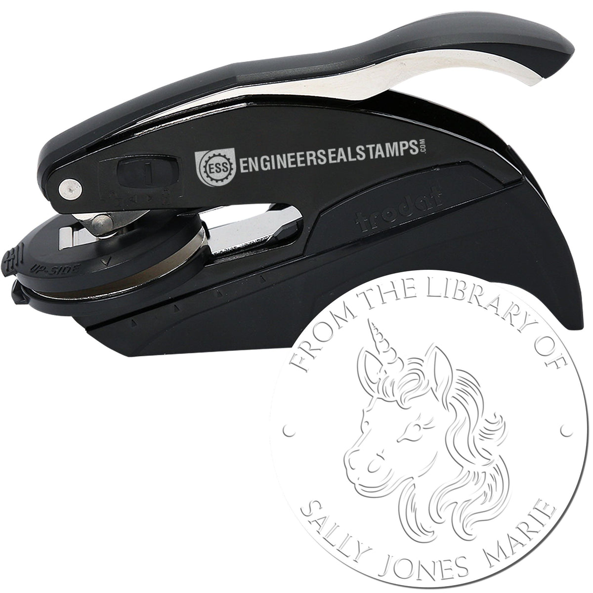 Black self-inking seal stamp with silver trim and white circular library seal impression featuring a unicorn design