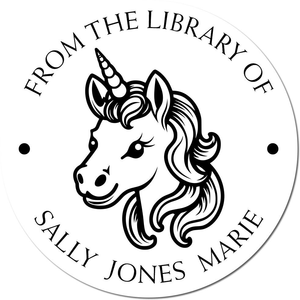 Black-and-white circular library stamp and seal with unicorn head, reading From the Library of Sally Jones Marie.
