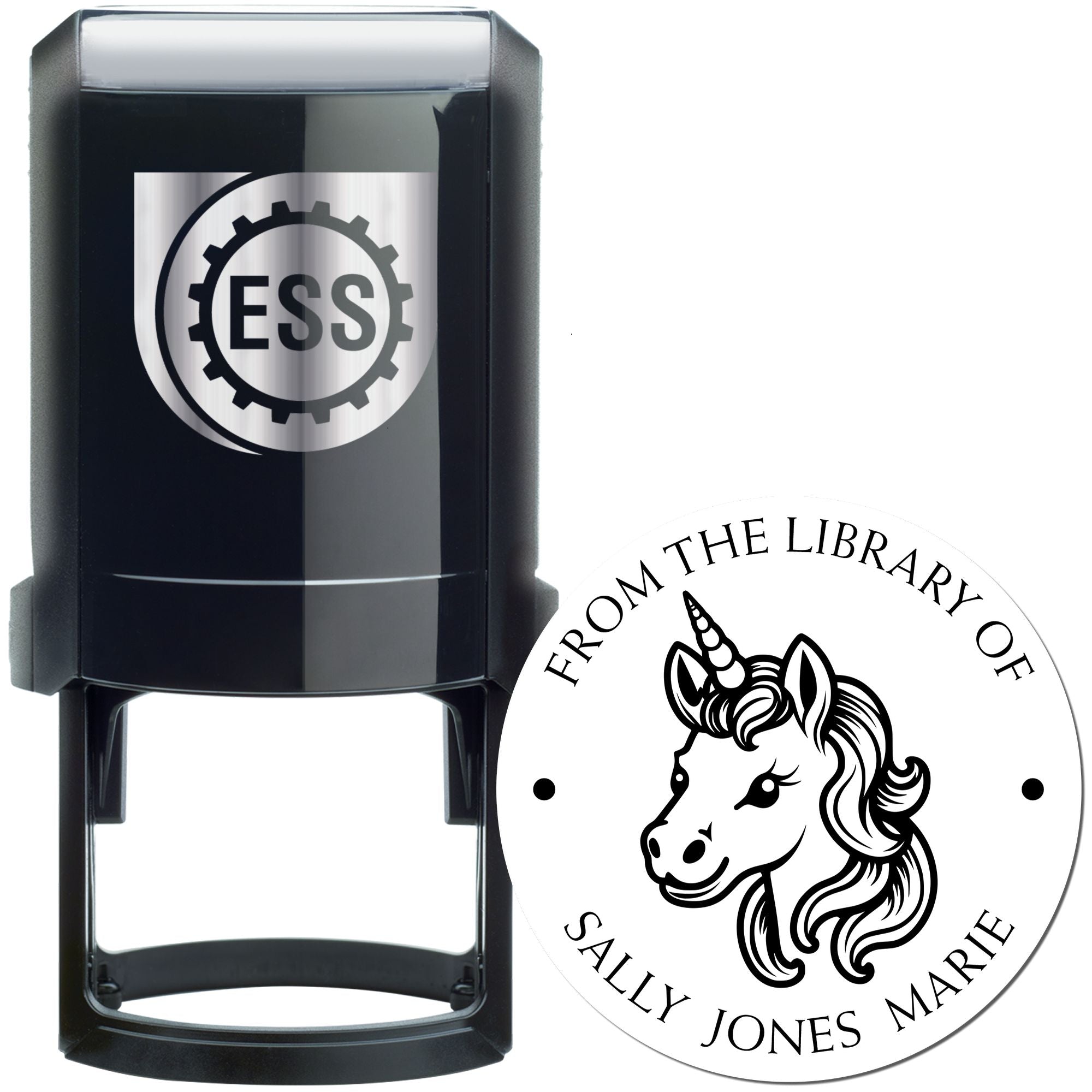 Black ESS self-inking stamp with gear logo next to a white unicorn library seal for Sally Jones Marie.