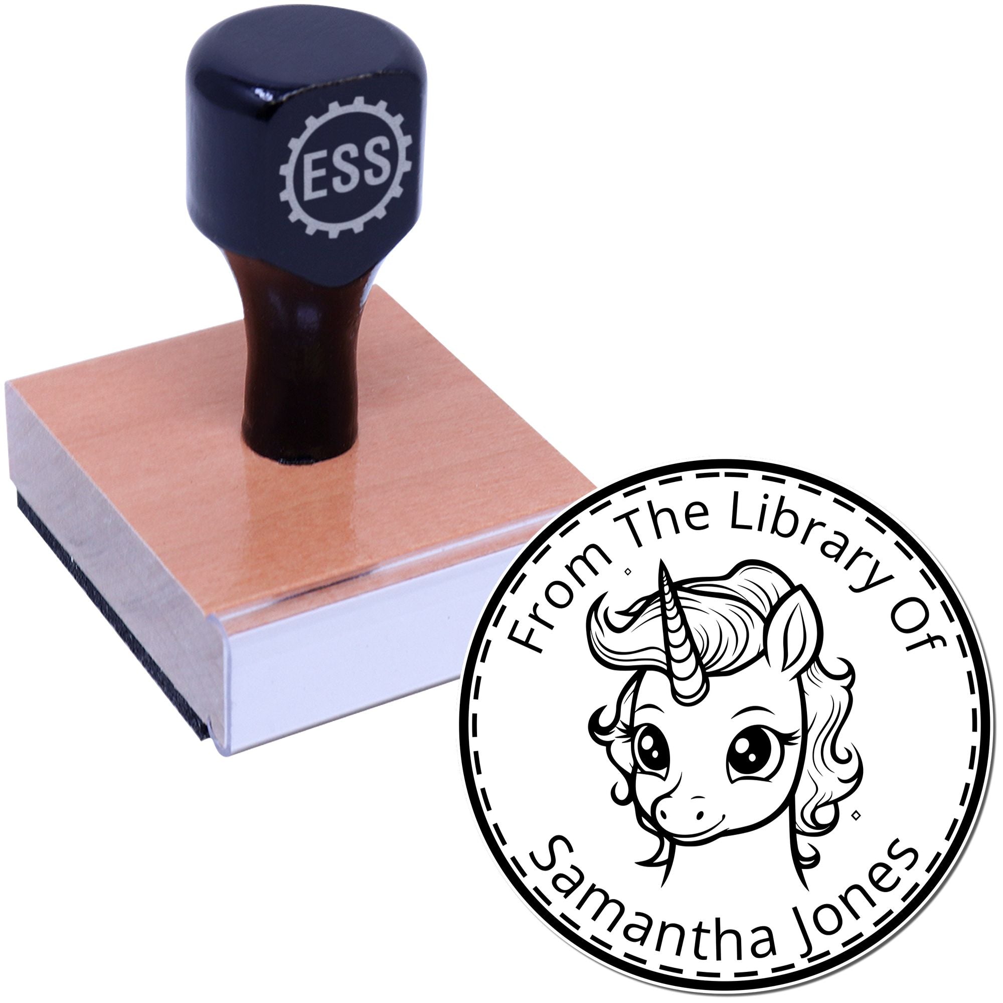 Wood Handle Moonbeam Unicorn Customizable Ex Libris Stamp