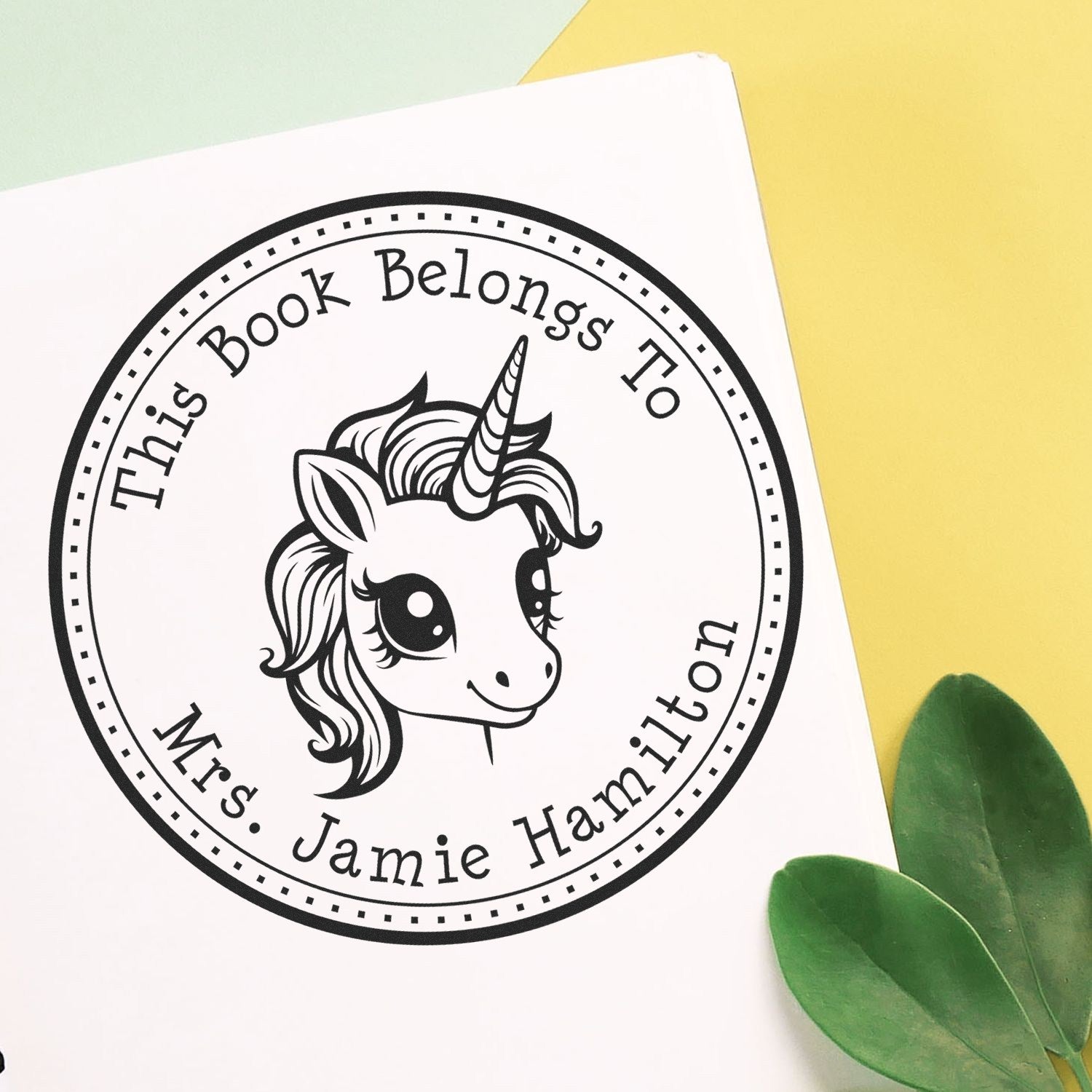 Wood Handle Crystalgaze Magical Unicorn Customizable Library Bookplate Stamp