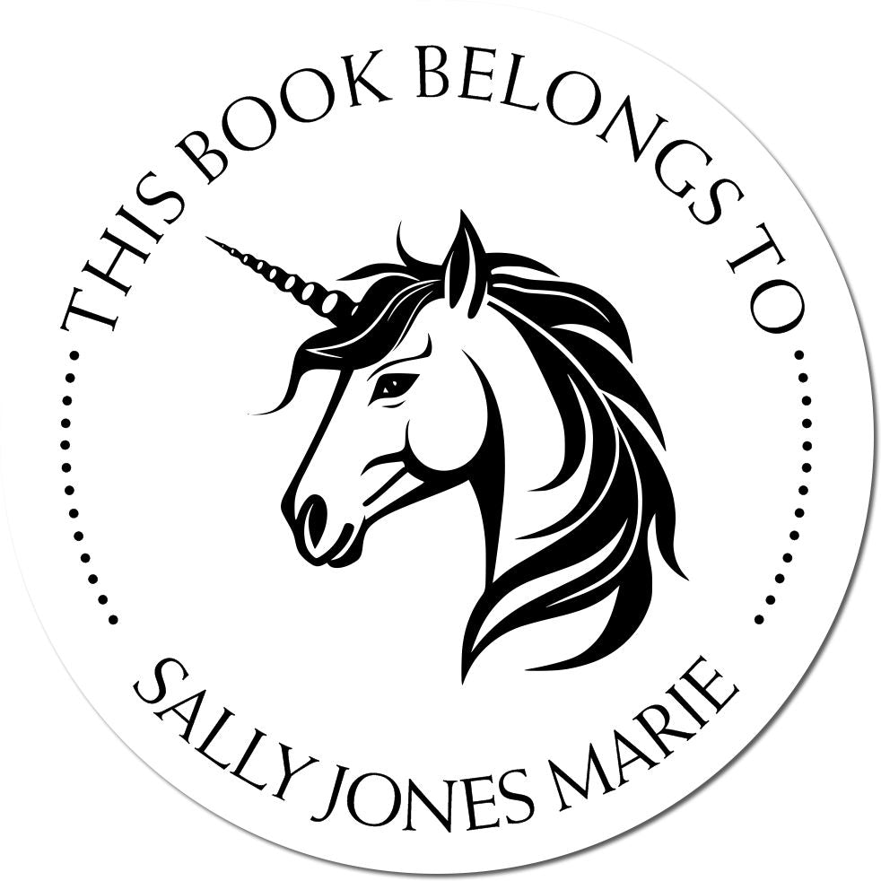 Black-and-white circular book stamp seal with unicorn head and text This Book Belongs to Sally Jones Marie on white background.