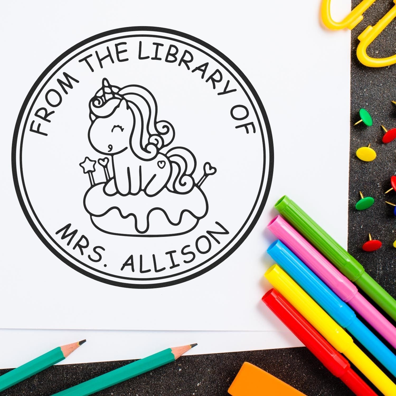 Slim Pre-Inked Wondergleam Mythical Unicorn Personalizable Book Library Stamp