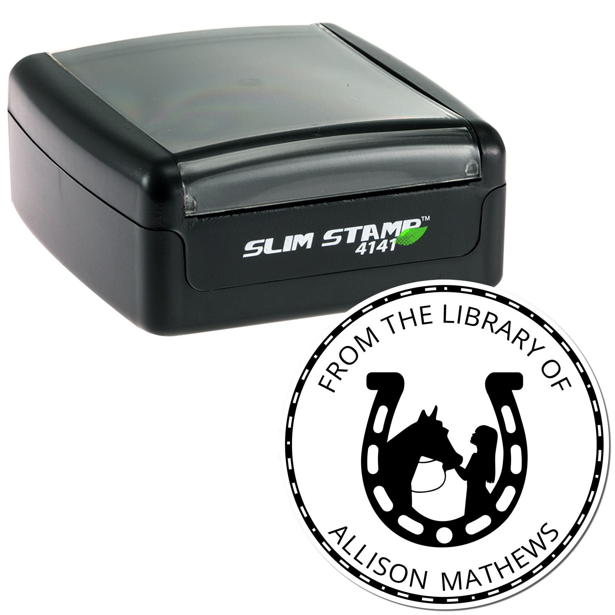 Black self-inking Slim Stamp 4141 with translucent gray top and circular black-and-white library seal.